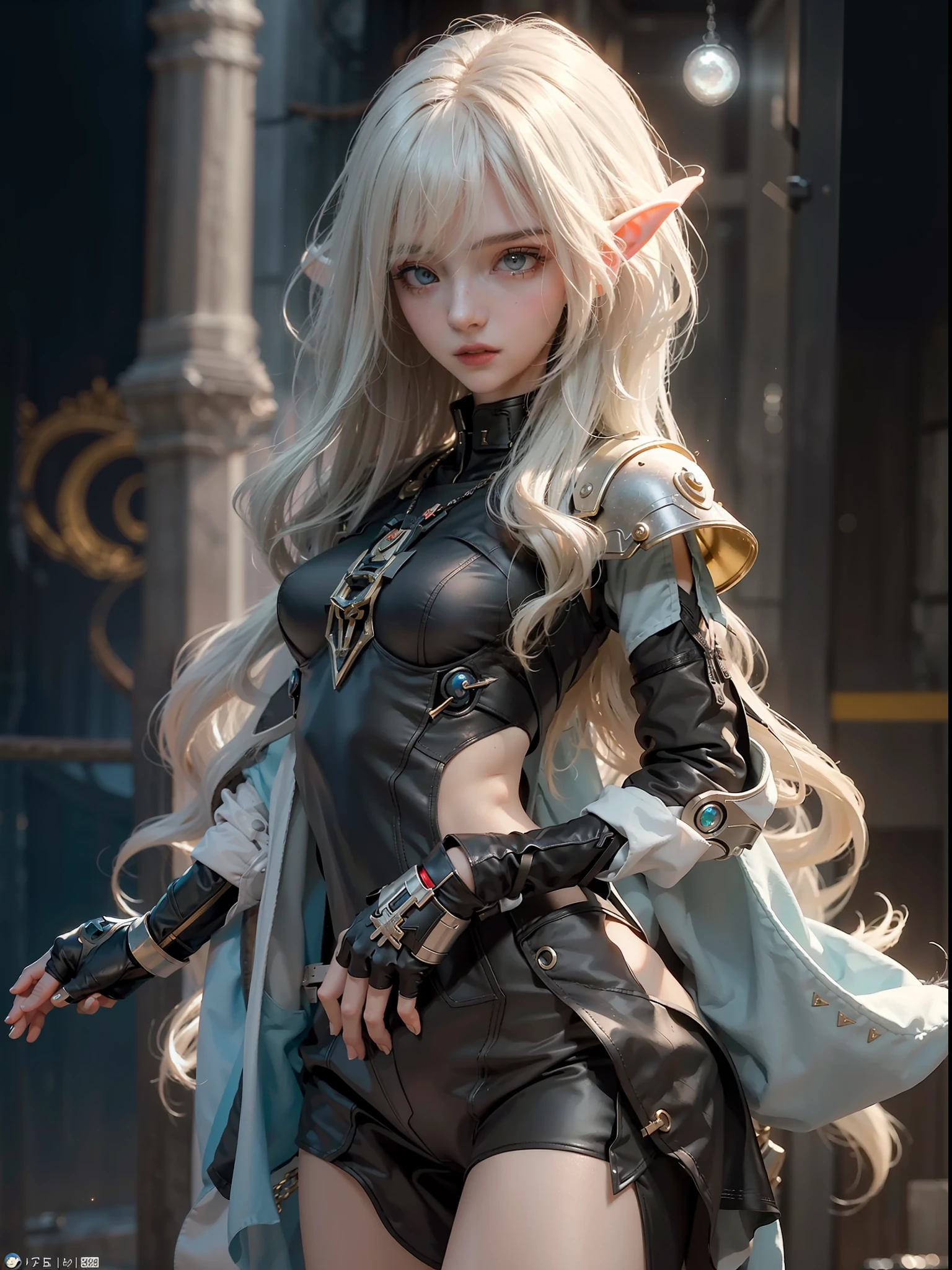 ((Best Quality)), ((Masterpiece)), (Detail: 1.4), 3D, (Extremely detailed CG 8k wallpaper), (Extremely delicate and beautiful), (Masterpiece), (Best Quality: 1.0), (Ultra High Resolution: 1.0), Beautiful Lighting, Realistic Shadows, [High Resolution], Detailed Skins, Ultra Detail, HDR (High Dynamic Range), Ray Tracing, NVIDIA RTX, Super-Resolution, Unreal 5, Subsurface scattering, PBR textures, post-processing, anisotropic filtering, depth of field, maximum sharpness and sharpness, multi-layer textures, albedo and highlight maps, surface shading, accurate simulation of light-material interactions, perfect proportions, Octane Render, two-color light, large aperture, low ISO, white balance, rule of thirds, 8K RAW, bust, (young girl), (solo:1.3), portrait, tachi-e, (square), (body front), (a beautiful elf young girl), (Small breasts: 1.3), ((bust)), (slender body: 1.2), (Perfect face: 1.2), (Girl's face: 1.3), (Perfect eyes), (Perfect hands), (Perfect fingers), (Soft and simple hair: 1.5), (Simple tights: 1.3), (tight shorts), Golden hair, necklace, (collar), (Metal gloves: 1.2), (Weapons), chains, in the distant future, the line between science and fantasy has disappeared, the line between science and witchcraft is blurred, a universe where magic and technology coexist in harmony. Shape the destiny of civilization in the vastness of space. Arcane knowledge is intertwined with cutting-edge science, giving birth to a society full of ancient magical powers. From the ethereal spire of the elves, where the art of traveling across dimensions is perfected, to the cybernetic enclave of the Android Group, witness the tapestry of life where magic and technology intertwine. Unleash your latent power as you adapt to the energy flowing through the Nexus. Take advantage of the ancient spells of forgotten witchcraft to propel your starship through the vast universe. Wield enchanted weapons infused with futuristic enhancements to shape surging energy and engage in epic battles agains