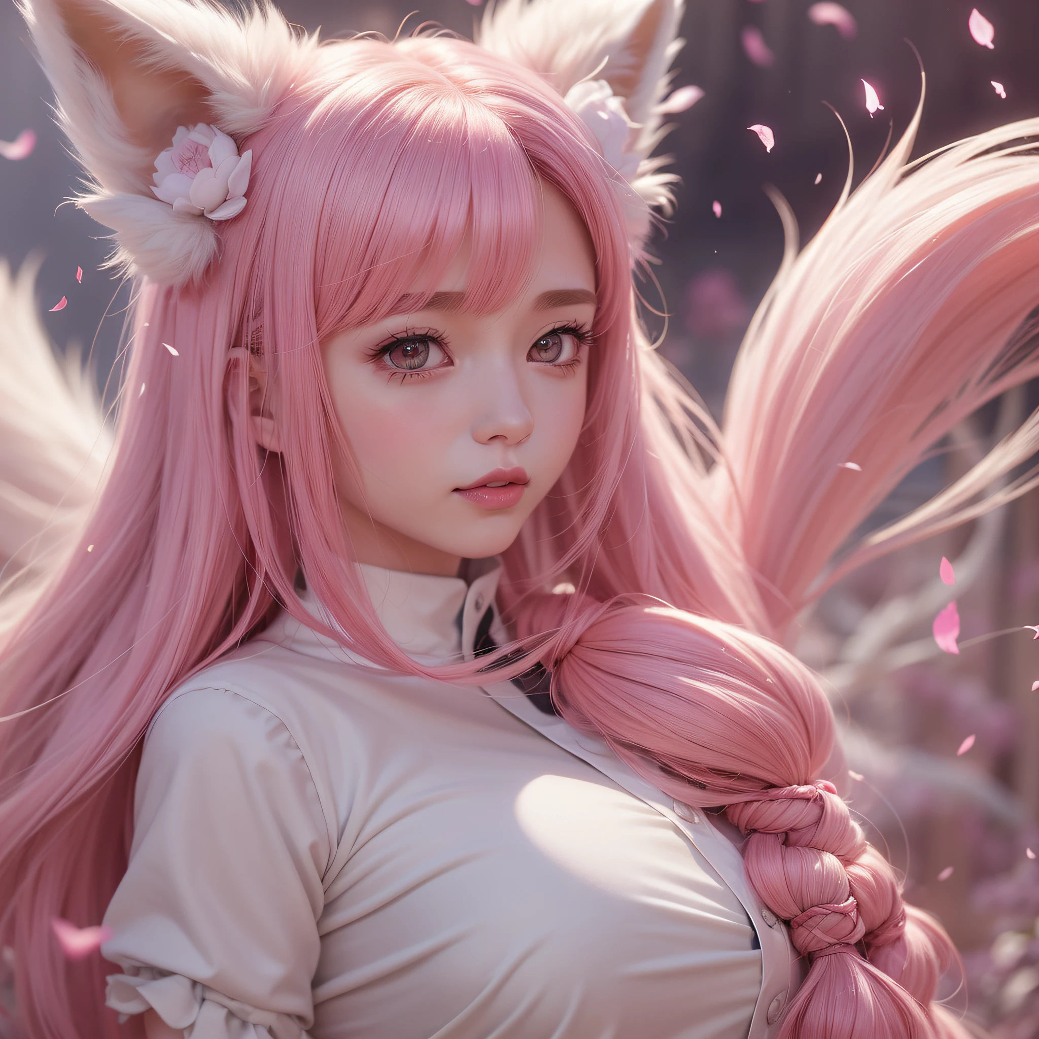 Nine snow-white fox tails (1.0), milky fox tail (1.0), fox close-up of nine tails, nine-tails, nine-tails, anime girl with pink hair and pink dress with flowers on her hair, very beautiful anime fox girl, beautiful anime fox girl, beautiful fantasy anime, guweiz, anime girl with fox ears, beautiful anime girl, very beautiful and cute fox girl, pink flower rain, background blur, anime style 4 K, anime fantasy artwork, 4k anime wallpaper, Artwork in the Guvez style