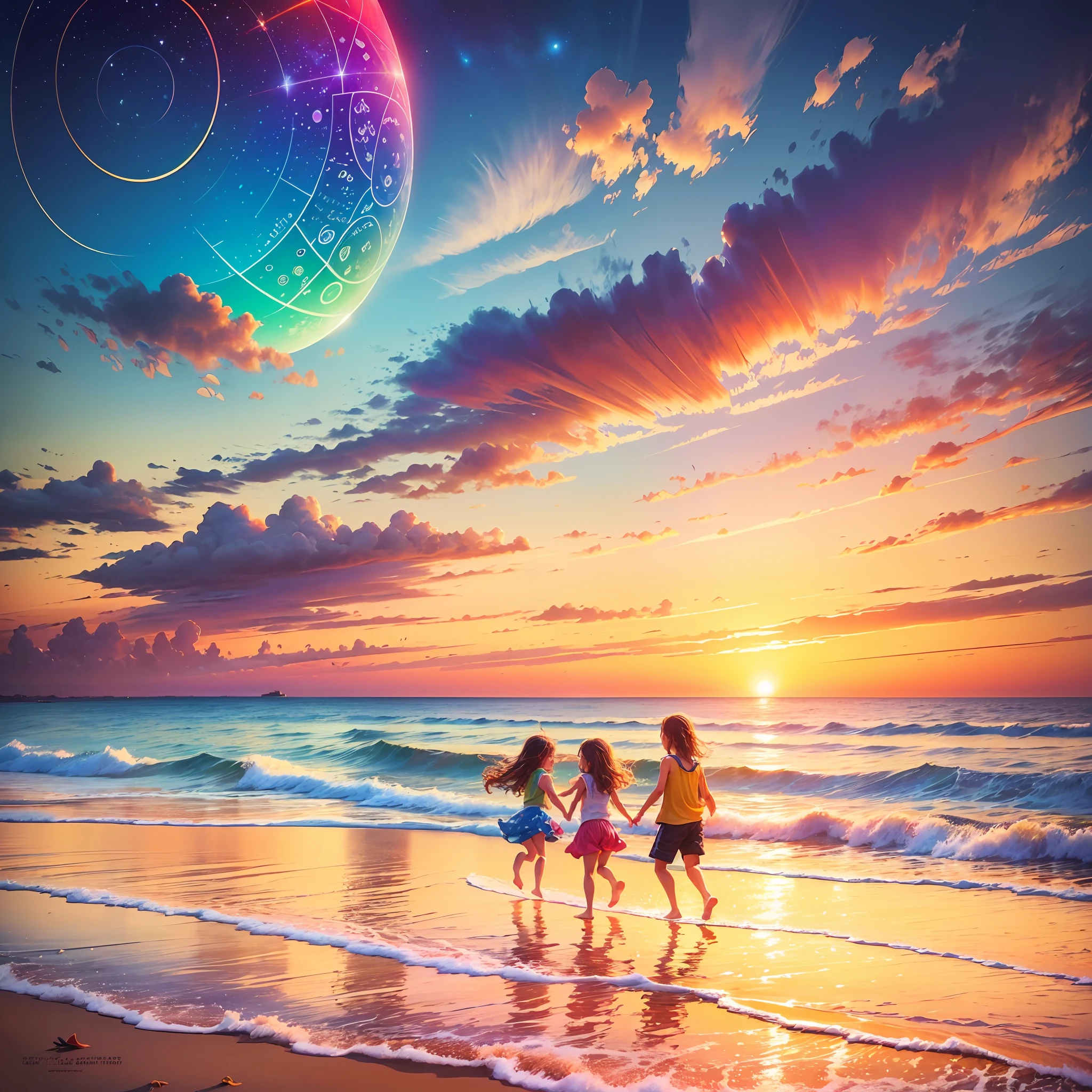 Realistic, ultra-high resolution, best image quality (summer solstice poster colorful: 1.5) colorful, beach waves, sunset, vibrant children, playing in the water, laughing and playing, enjoying the summer, refreshing sea breeze, beautiful clouds summer rhythm, ((summer solstice)), ((passionate)) --auto --s2