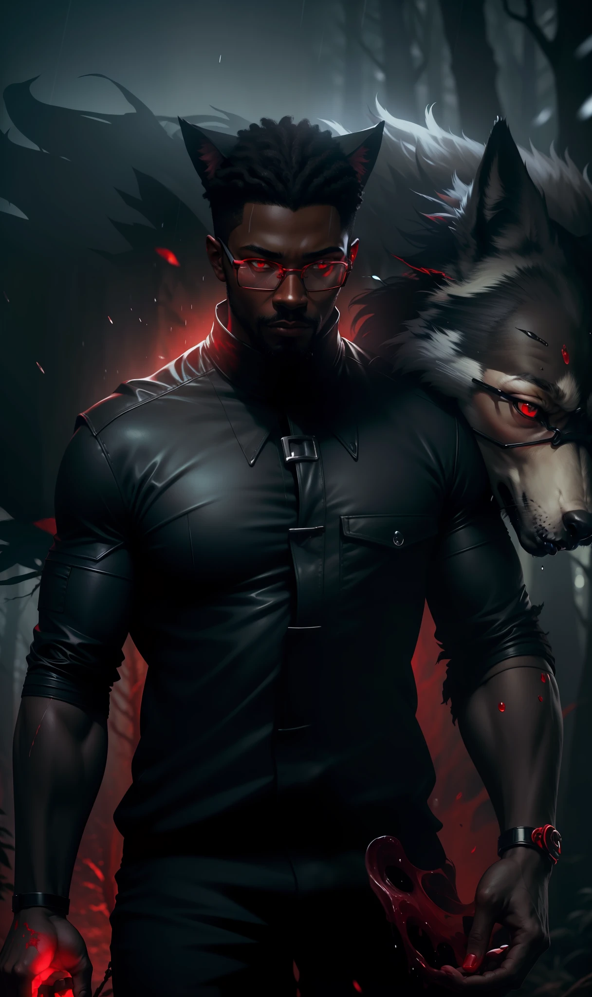 turn this photo into realistic, (black man with wolf ear), (terrifying dark dark forest background), 8k, Ultra HD, realistic, (black glasses down from the eyes), (red eyes), (black forest), (red eyes), (raining in the background), (blood droplets in the background)