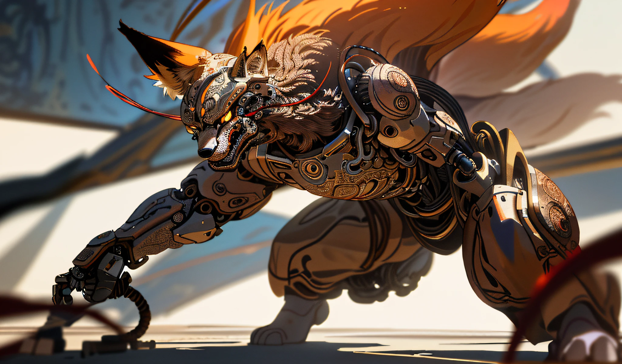 A fox with nine tails made of metal, (cyborg:1.1), ([tail|detailed wire]:1.3), (intricate detail), hdr, (intricate detail, hyperdetailed:1.2), cinere footage, halo shadow, centered
