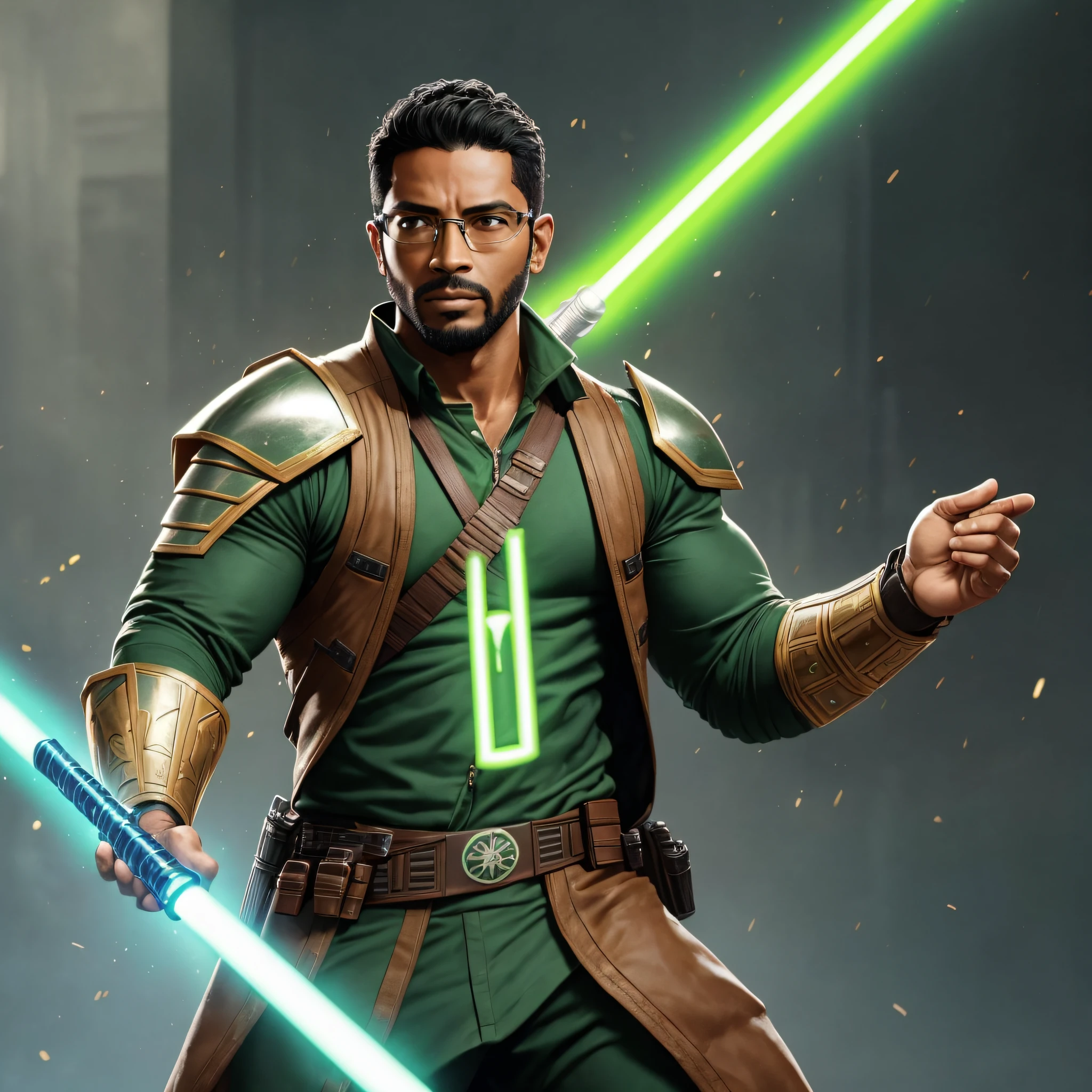 A man, 32 years old, Latino, brown skin, short hair, wearing prescription glasses, hardened face, Jedi, with perfect Jedi armor, with a Green lightsaber, ataru position, concept art, dramatic lighting, trend on Artstation, amazing shadows, cinematic lighting, 8K, anatomically correct, masterpiece, ccurate --auto --s2