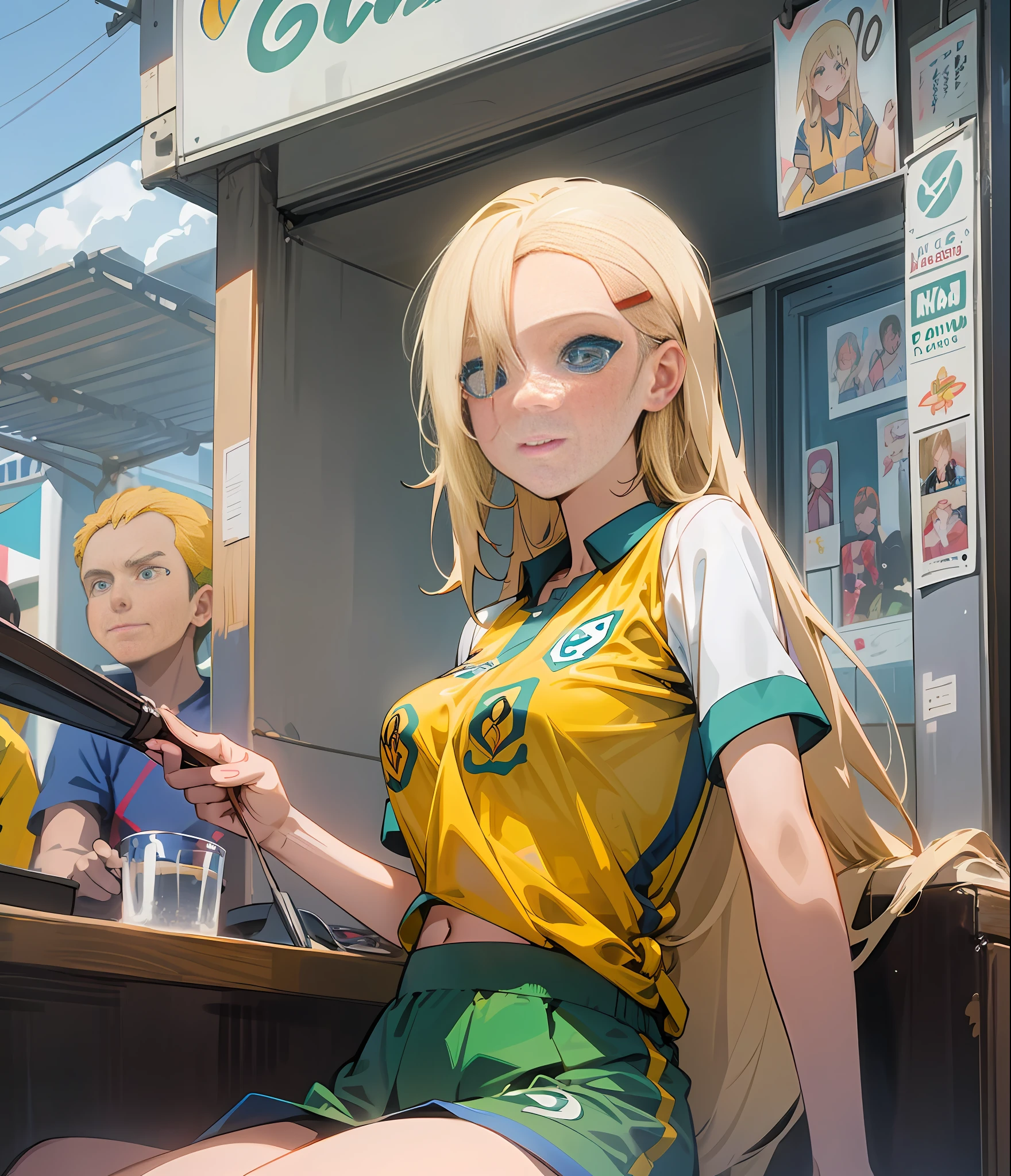 1girl, anime girl, beautiful face, Angelic beauty, straight blonde hair, fair skin, Ribbon marquee, watching soccer match sitting in a bar of Copacabana Rio de Janeiro,favela, wearing a yellow shirt of the Brazilian soccer team,Cinematic environment, based in Rio de Janeiro, closeup full body- Ino Yamanaka