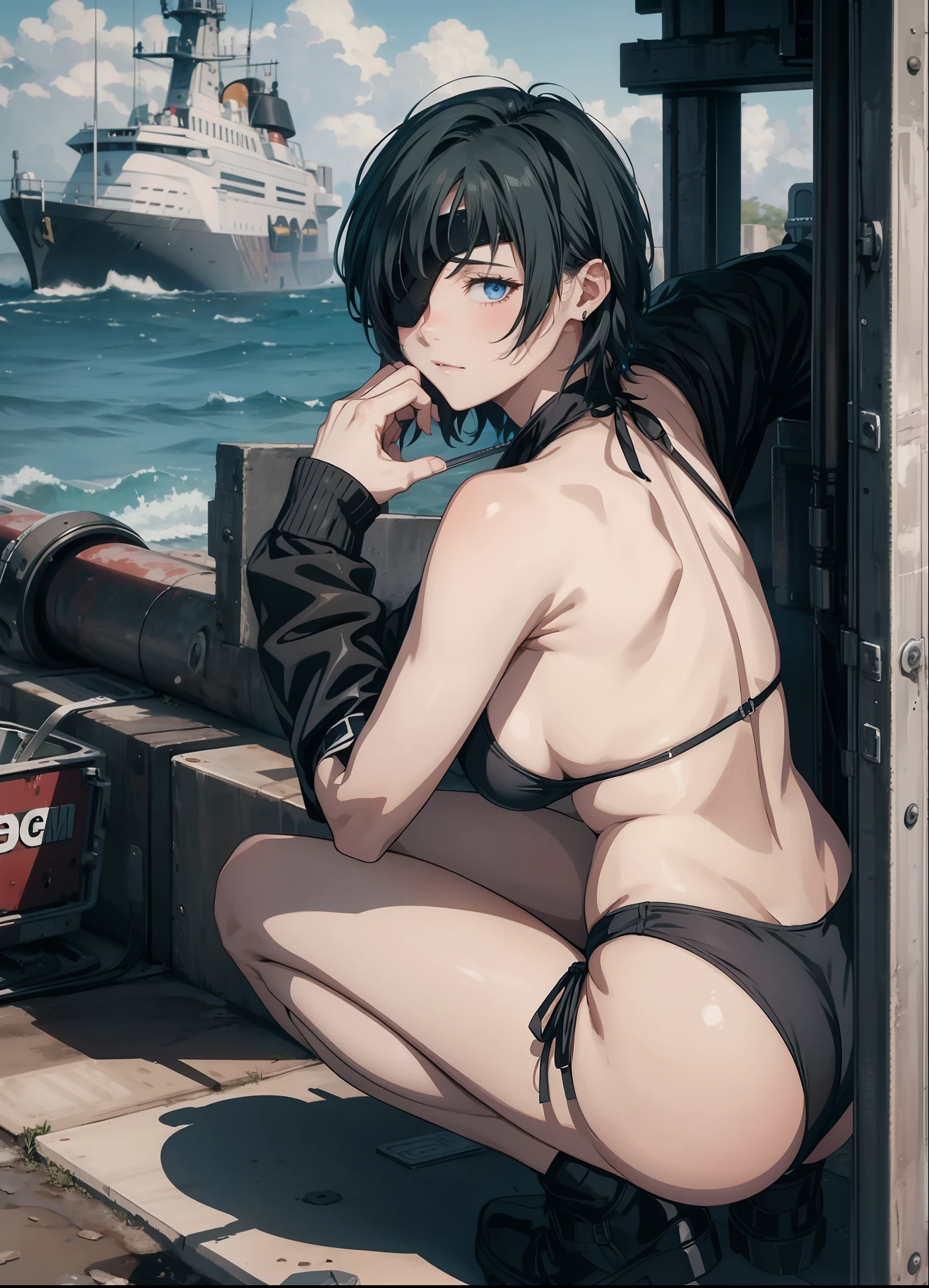 1girl,black eye patch, right eye covering, short hair, blue eyes, short black,black eye patch, 1girl, himeno (chainsaw man), masterpiece, best quality, high resolution, , eye patch, chest, cowboy shot, outdoor, bikini, spread legs, squatting,background sea,HMN1,sea,micro bikini,from behind,back shot