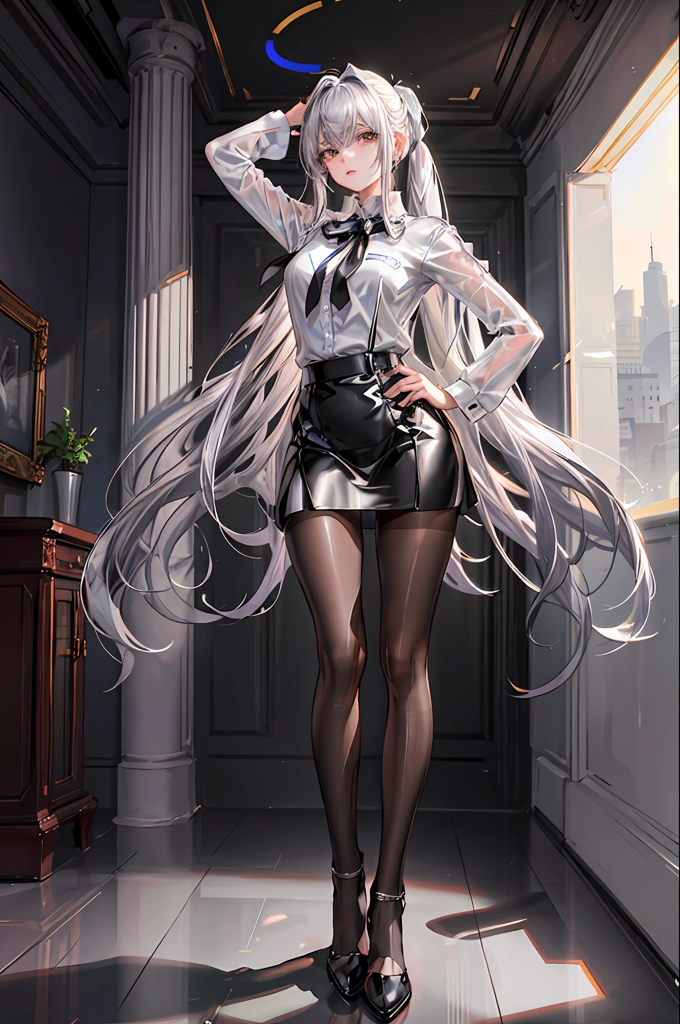 (((1 girl)),ray tracing,(dim lighting),[detailed background (living room)),((silver hair)),(silver hair)),(fluffy silver hair, plump and slender girl)) with high ponytail))) Avoid golden eyes in the ominous living room ((((Girl wears a white shirt, black wrinkled skirt with black transparent pantyhose), showing a delicate slender figure and graceful curves, correct limbs, hands behind the head, both hands behind the head