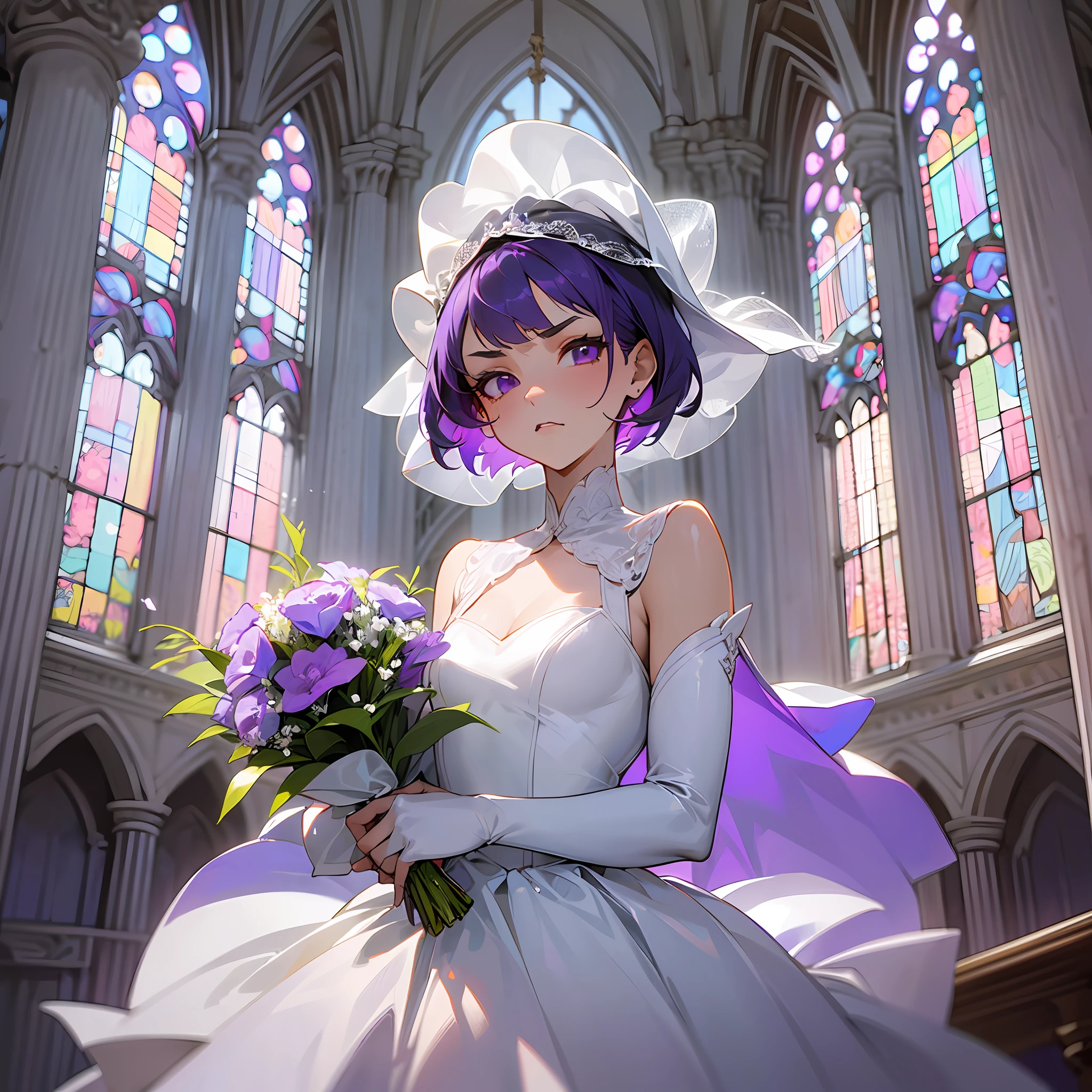 (A girl: 1.4) (Short purple hair white wedding dress: 1.5) (Fierce expression: 1.5) (Cursing: 1.4) (Holding flowers: 1.5) (In an old church: 1.6) (Upper body display: 1.4)
