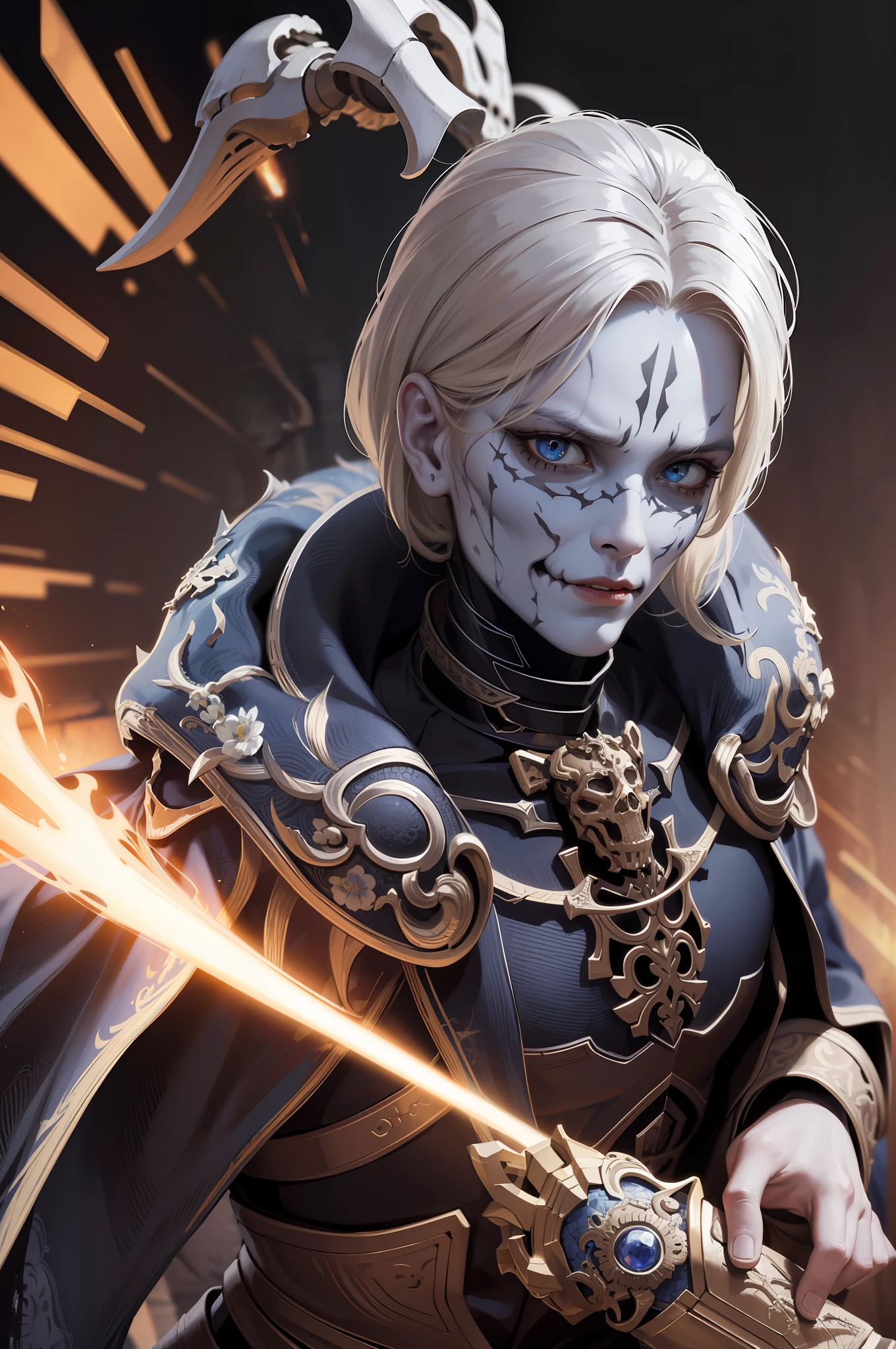 Portrait of a Skeletonized Warrior Priest (Realistic: 1.3), (Complex Details: 1.15), Painting (Artwork), ((Masterpiece, Best Quality)), ((Cinematic Light)), Skeleton, Hybrid, Scary, Dark Fantasy (Style), Detailed Armor, Beautiful Detailed Eyes,