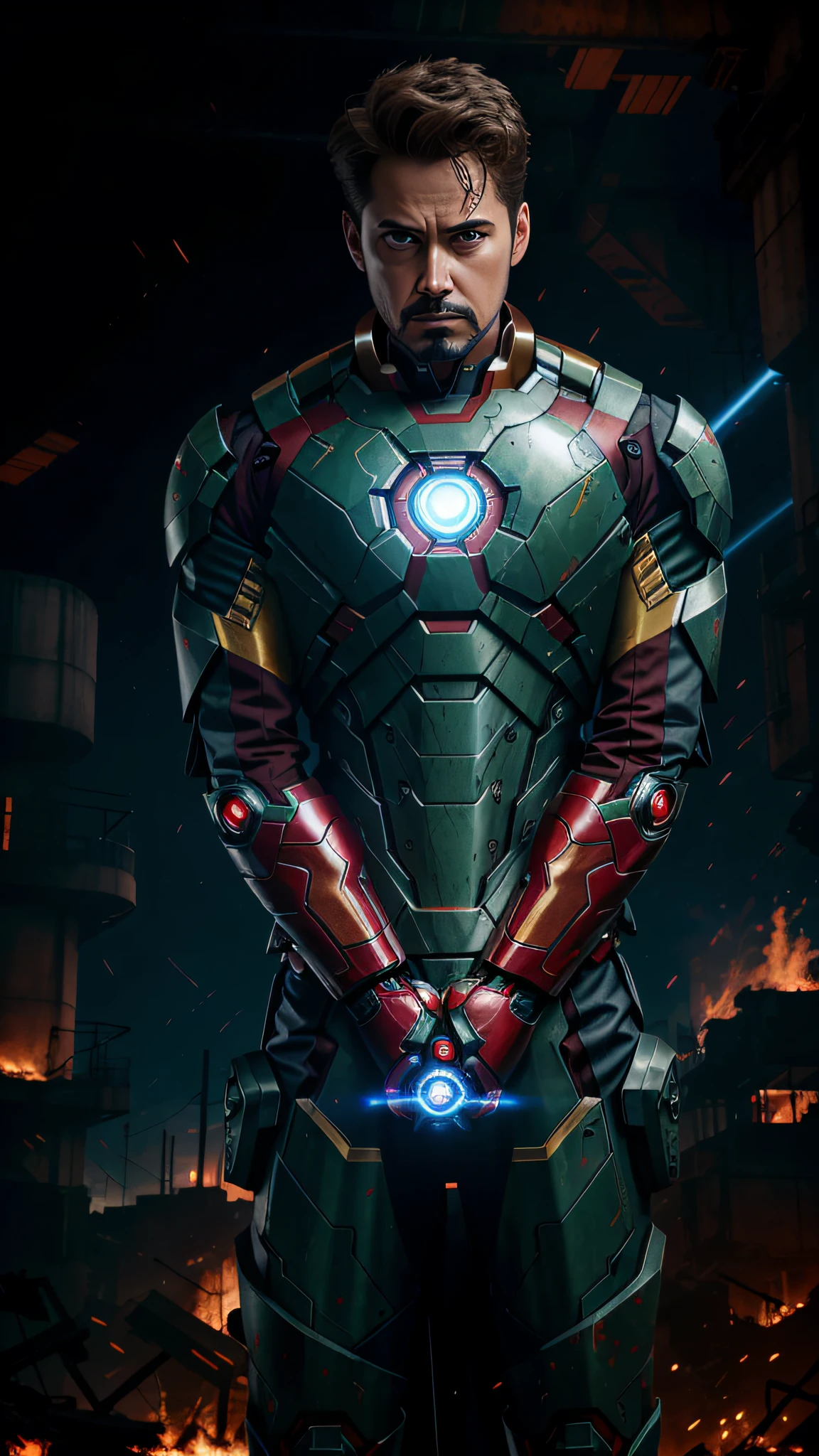 Iron Man, hero, (35yo), muscular, battle-worn, metal suit, red and gold color scheme, glowing arc reactor on chest.
Unmasked, Tony Stark, tired but determined expression, goatee, short hair, sweat and dust on face.
Damaged suit, sparks, smoke, fire, debris, rubble, destroyed buildings in the background.
Energy core, glowing blue light, pulsating energy, intricate design, power source.
Fighting stance, repulsor blasts, flying, hovering, using gadgets and weapons.
Dramatic lighting, orange and yellow hues from the fire and explosions, harsh shadows, contrast.
Post-apocalyptic setting, devastated city, ruined infrastructure, chaos and destruction.
Sci-fi elements, futuristic technology, computer screens, holographic displays, circuitry patterns.
Emphasizing the theme of redemption, sacrifice, and heroism.