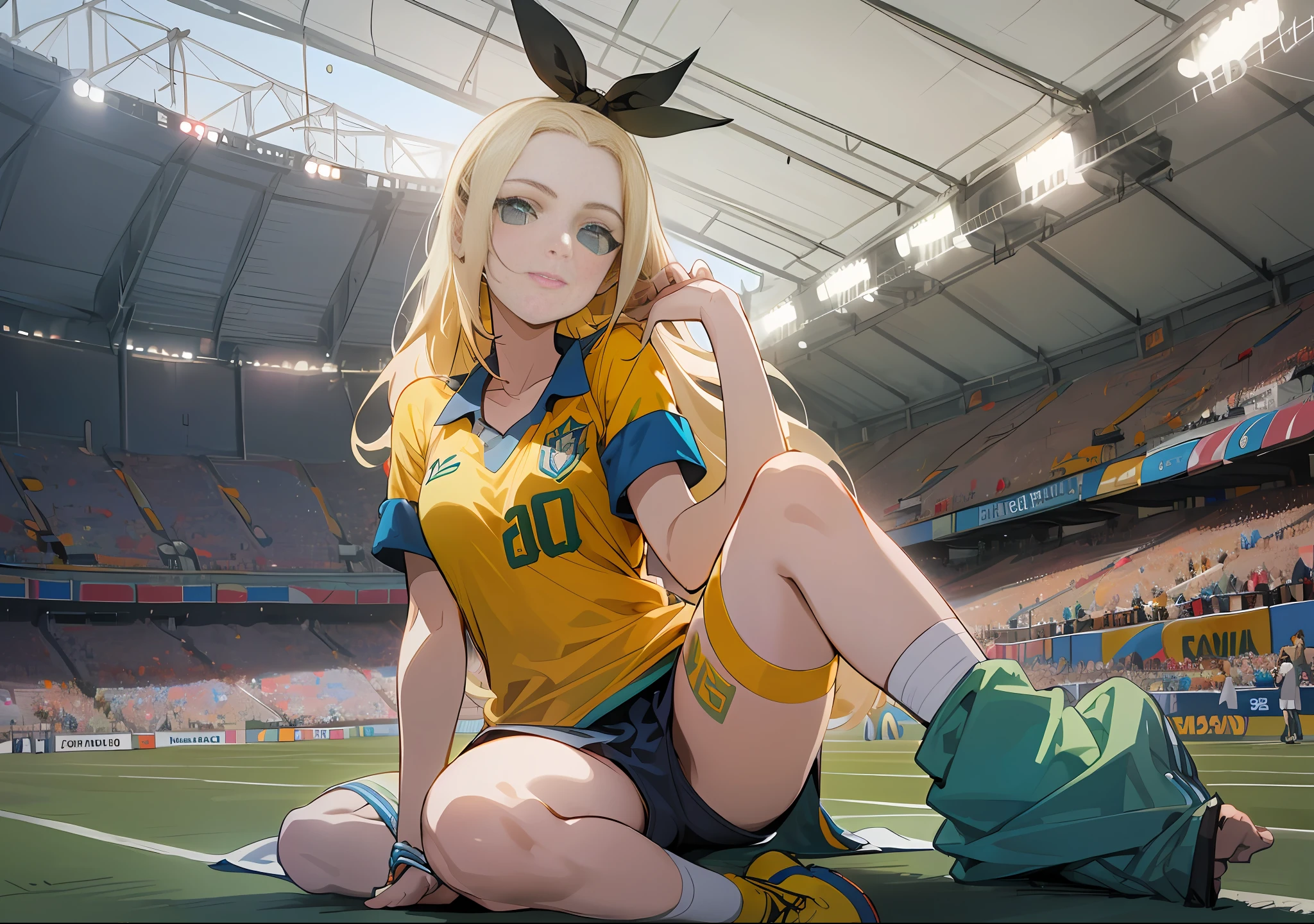 1girl, anime girl, beautiful face, Angelic beauty, straight blonde hair, fair skin, Ribbon marquee, watching soccer match sitting in the stands of the Maracanã world cup 2014 Rio de Janeiro,favela, wearing a yellow shirt of the Brazilian soccer team,Cinematic environment, based in Rio de Janeiro, closeup full body- Ino Yamanaka