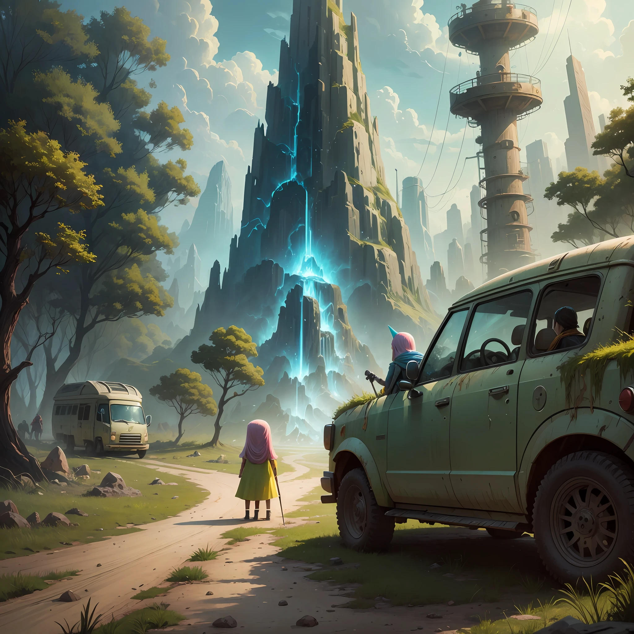 An adventure scene with the characters of Adventure Time+ fineas and ferb in a post-apocalyptic world --auto --s2