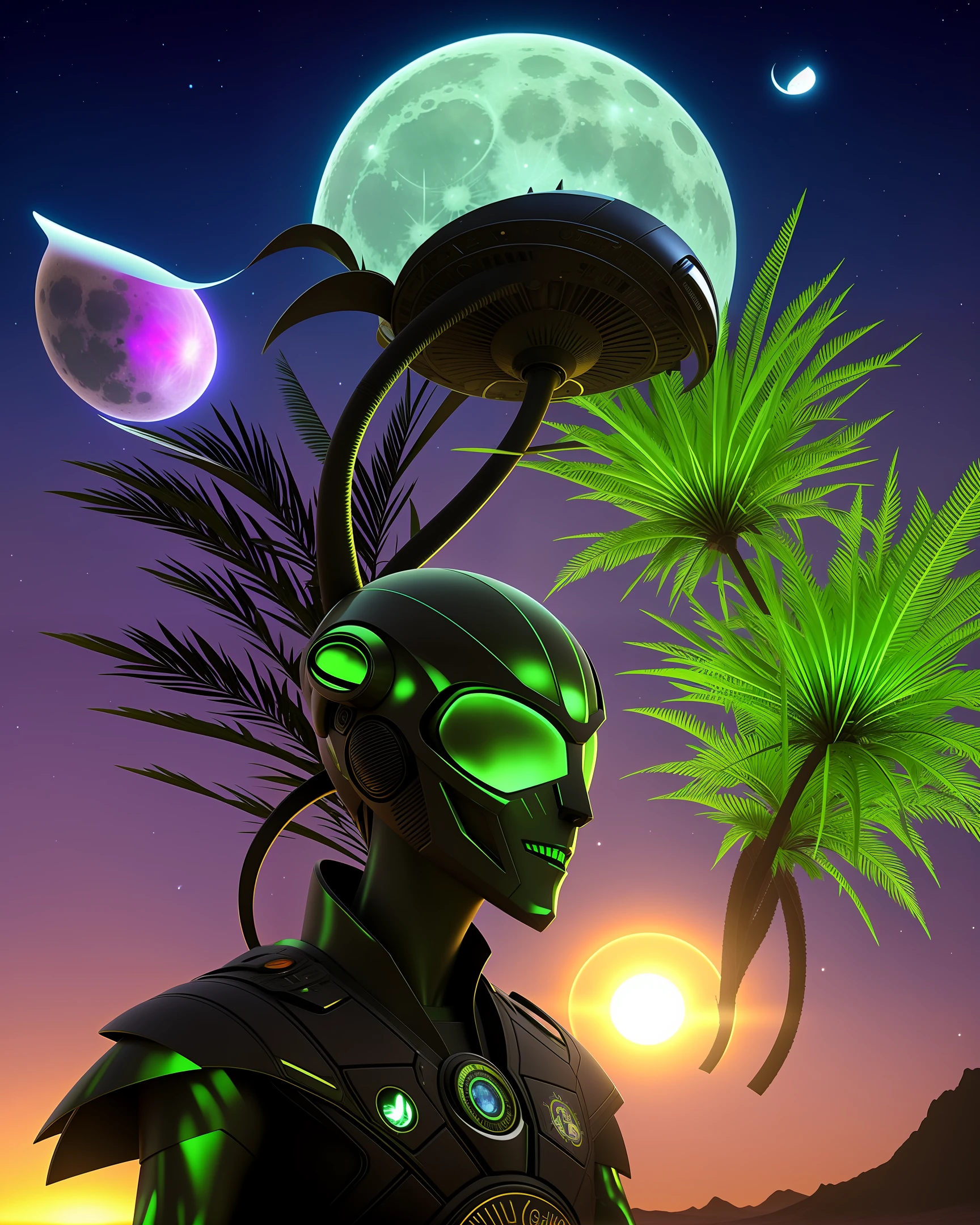 create an image that depicts MC Hariel as an alien in a lunar environment. MC Hariel must have distinct alien features such as green skin, exotic eyes, and antennae. He must be wearing a Palmeiras shirt with the club's shield clearly visible. The scenery should show the moon's surface with craters and a starry horizon in the background. Please be creative in representing this unique fusion between MC Hariel and an alien in the lunar context using elements of the Palms."