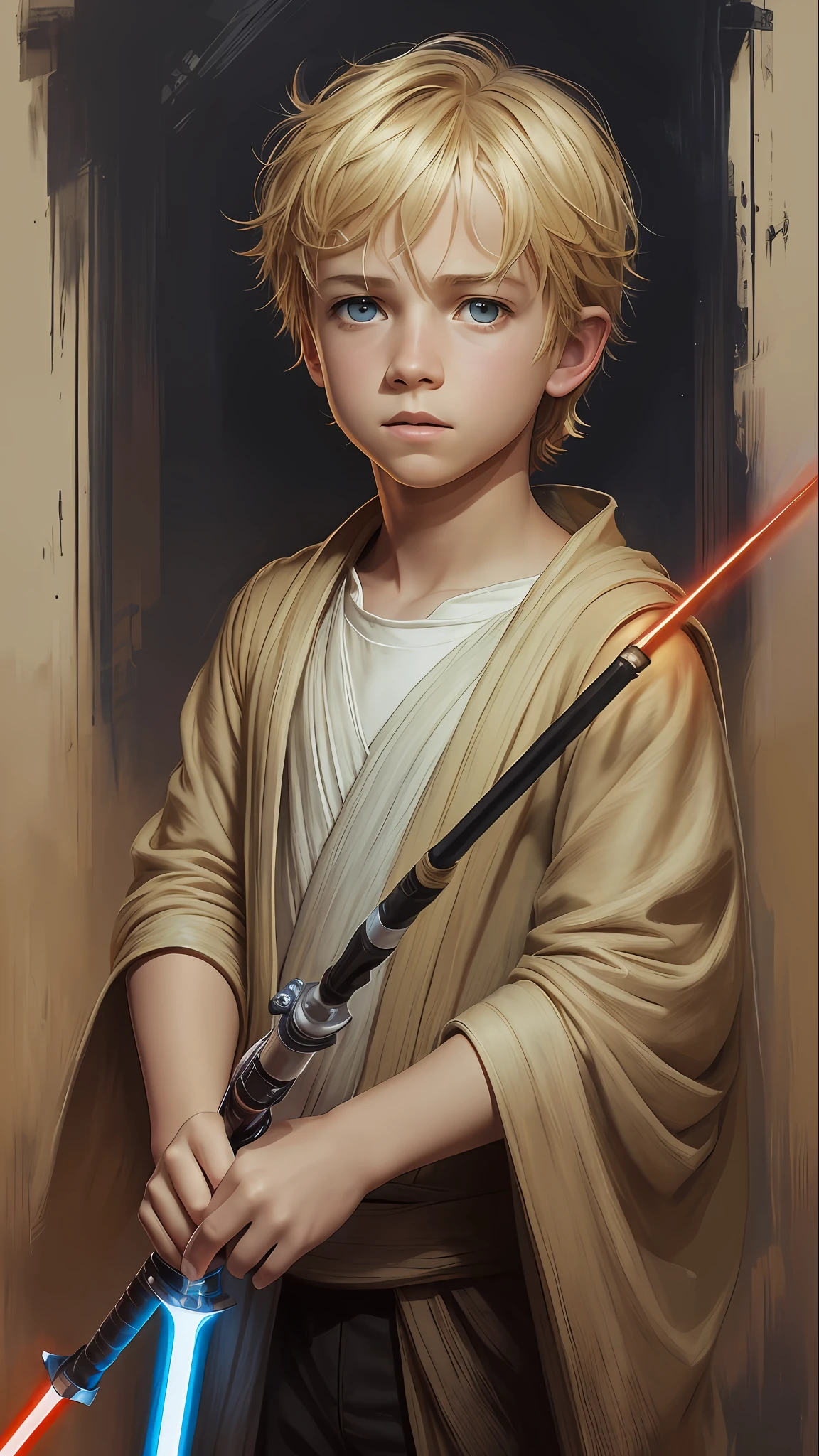 A very young blonde boy Star Wars’s Jedi Grandmaster with a light sabre  in the style of Mark Demsteader --auto --s2