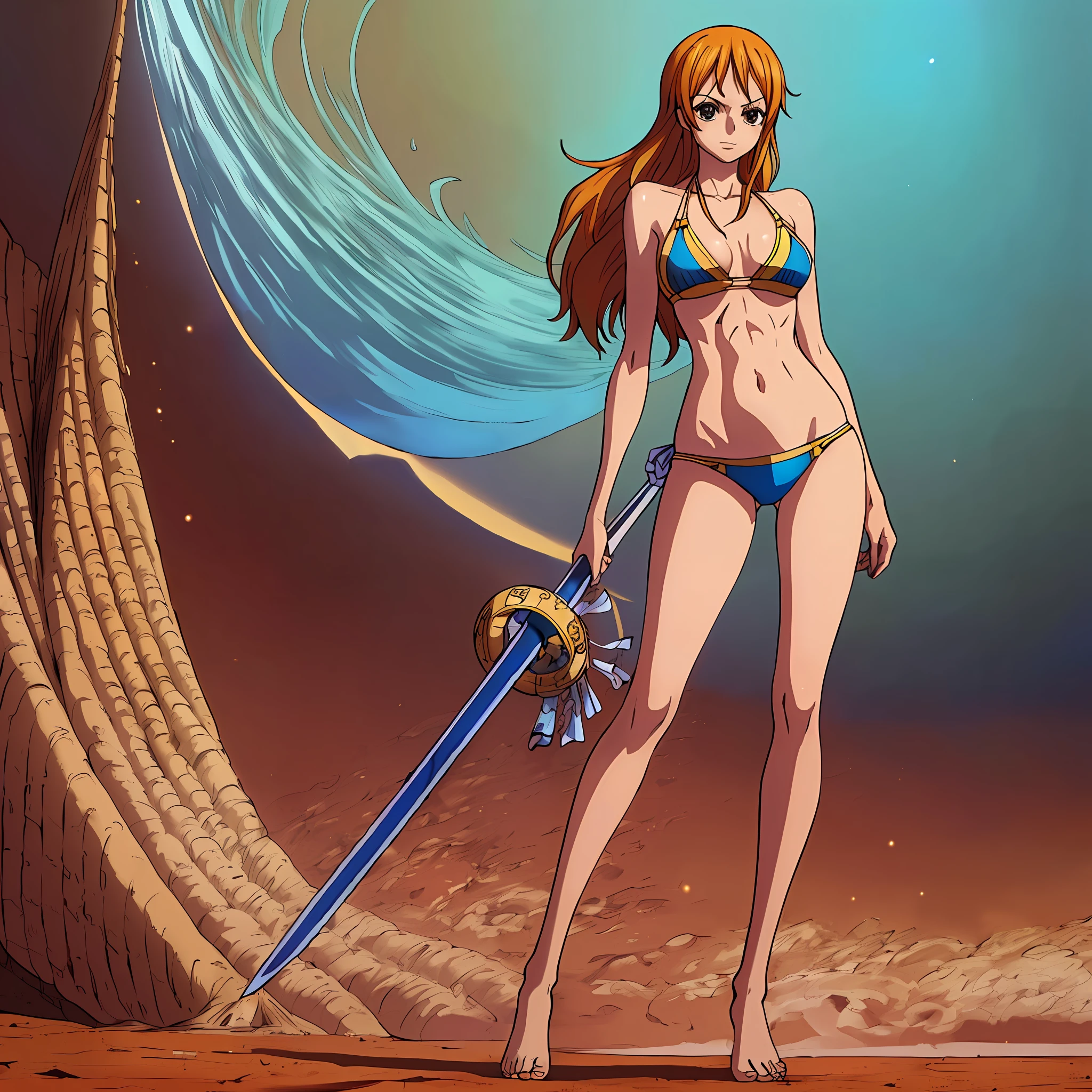 Best Quality, Ultra Quality, High Quality, 8K, Nami, 1 Girl, Full Body, Beautiful Long Leg, Slim Body, Barefoot, Bare Arms, Bare Shoulders, Big, Standing, Tall, 8 Head Body, Skinny, Emaciated, Thin, Model Figure, Bikini, Eiichiro Oda, official art, space background, seductive and sexy,