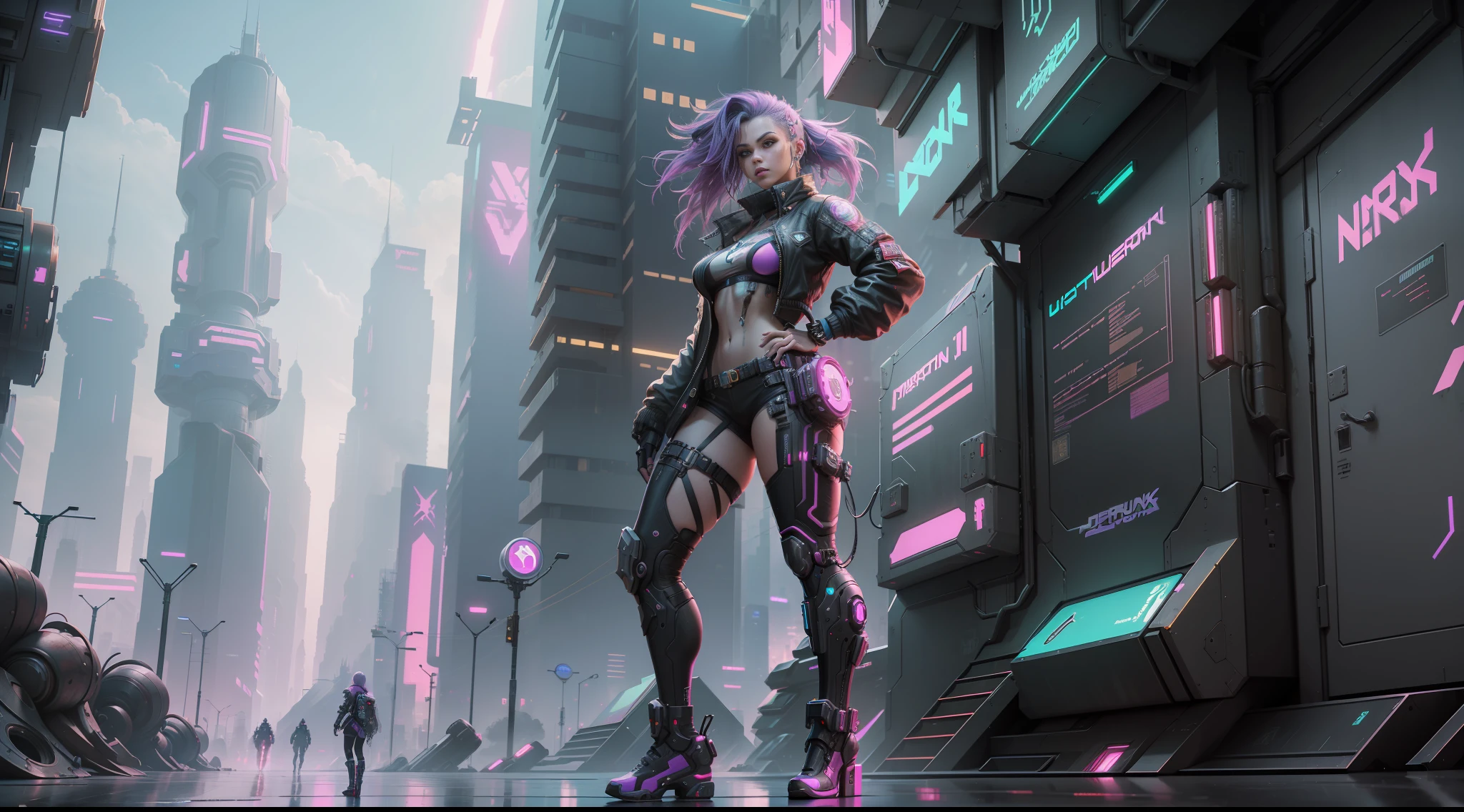 A cyberpunk mechanical style girl standing in front of futuristic city, cyberpunk atmosphere, cyberpunk atmosphere, deep into the metaverse where we go, there is cyberpunk style, cyberpunk theme, in cyberpunk 2077, cyberpunk futuristic, cyberpunk futuristic, synthwave, futuristic cyberpunk, cyberpunk technology, retro cyberpunk, synthwave style