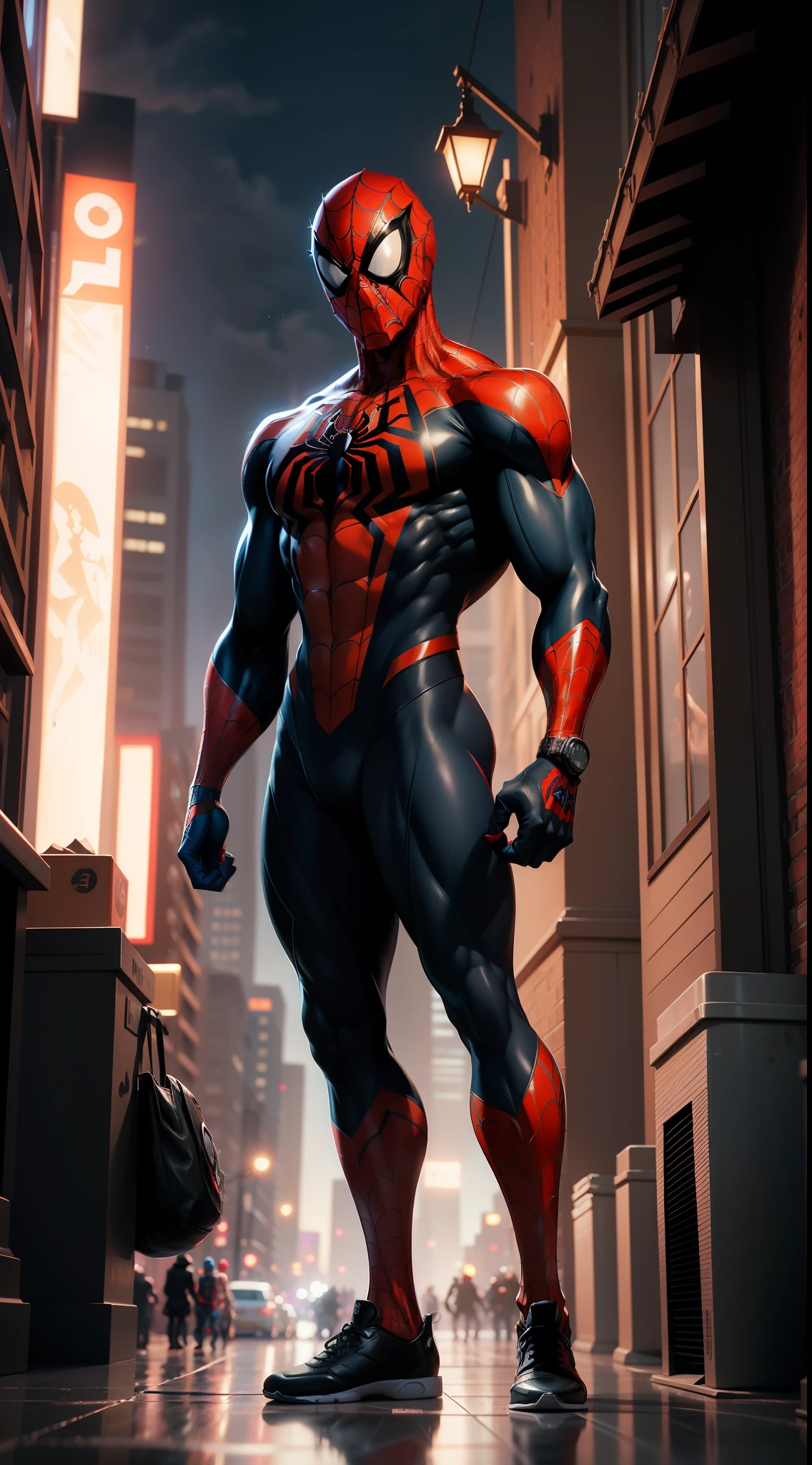 spider man bodybuilder - spider - man and spider - man in a dark city, spider - verse art style, into the spiderverse, spiderverse, into the spider verse, futuristic style spiderman, miles morales!!!, 3840 x 2160, 3840x2160, miles morales, hq 4k wallpaper, rendered in sfm, super detailed render