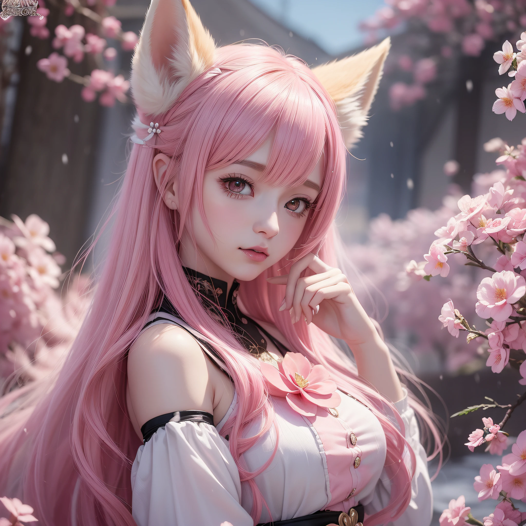 Nine snow-white fox tails (1.0), milky fox tail (1.0), fox close-up of nine tails, nine-tails, nine-tails, anime girl with pink hair and pink dress with flowers on her hair, very beautiful anime fox girl, beautiful anime fox girl, beautiful fantasy anime, guweiz, anime girl with fox ears, beautiful anime girl, very beautiful and cute fox girl, pink flower rain, background blur, anime style 4 K, anime fantasy artwork, 4k anime wallpaper, Artwork in the Guvez style