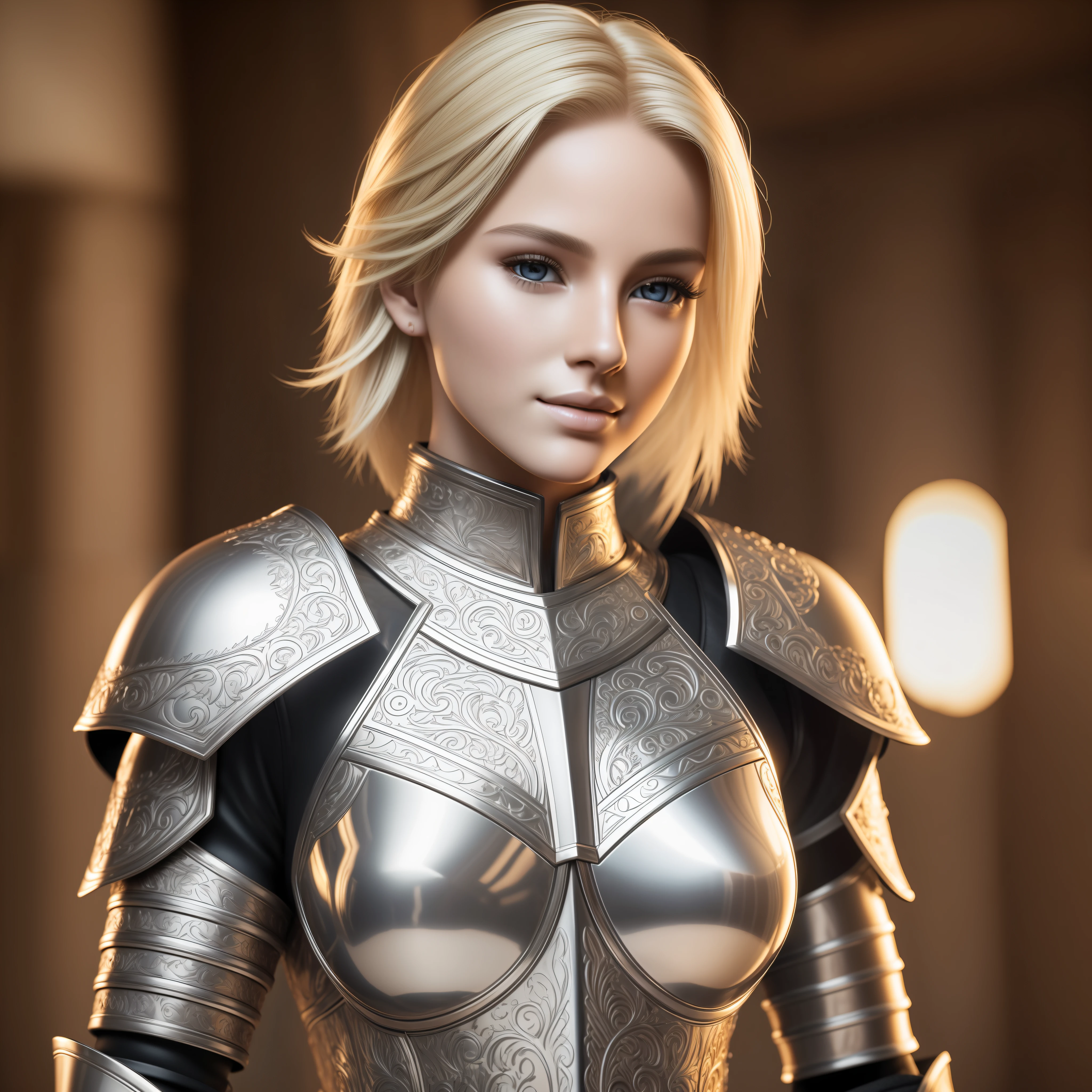 ((best quality)), ((ultra res)), ((photorealistic)), (intricate details), 19 years old, blonde hair, perfect face, makeup:1.5, light on face, face detail, NAKED, short hair, detailed leather armor, breasts on display --auto --s2