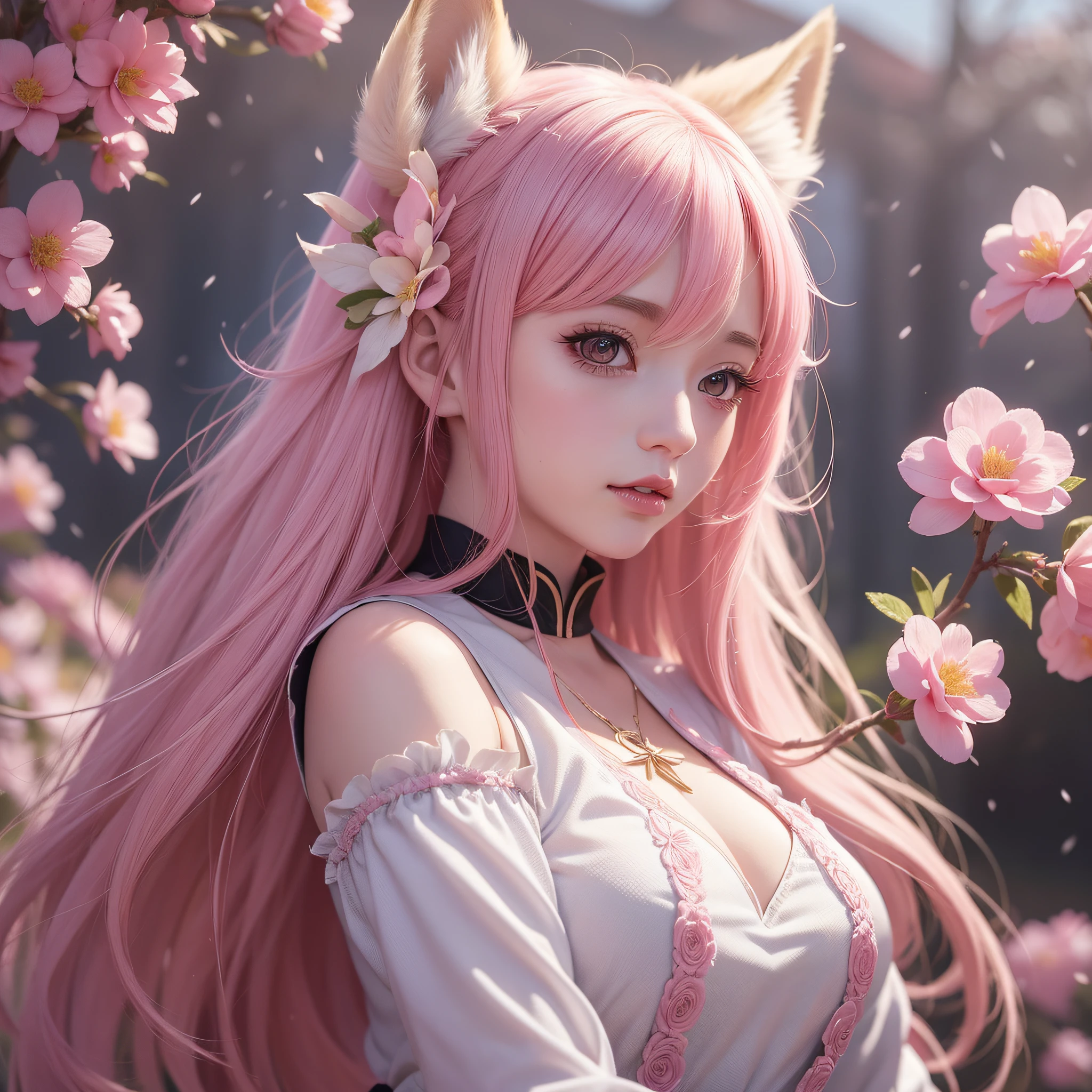 Nine snow-white fox tails (1.0), milky fox tail (1.0), fox close-up of nine tails, nine-tails, nine-tails, anime girl with pink hair and pink dress with flowers on her hair, very beautiful anime fox girl, beautiful anime fox girl, beautiful fantasy anime, guweiz, anime girl with fox ears, beautiful anime girl, very beautiful and cute fox girl, pink flower rain, background blur, anime style 4 K, anime fantasy artwork, 4k anime wallpaper, Artwork in the Guvez style