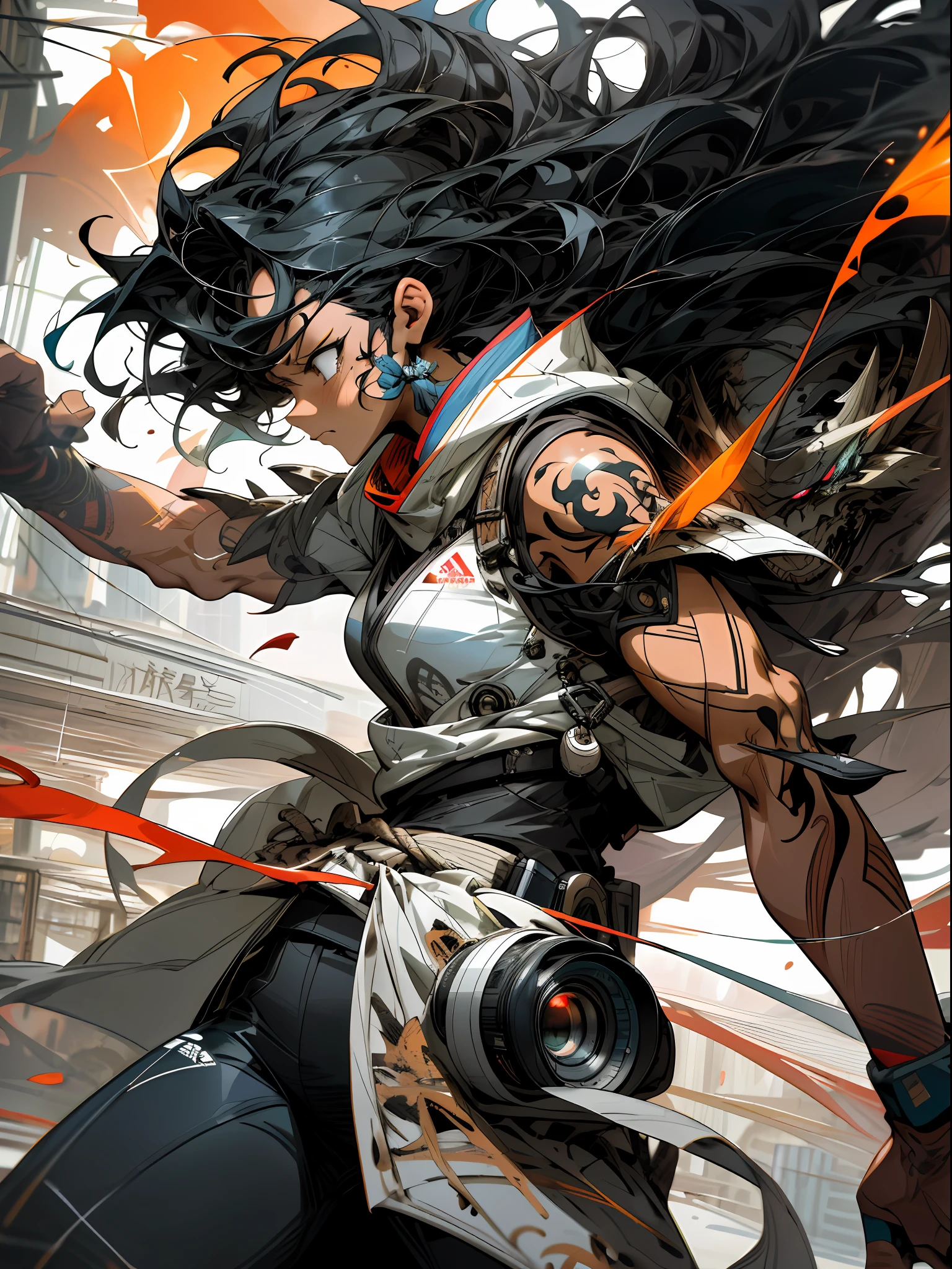 background, mixed-language_text, Japanese graffiti letters, a warrior nulher with long black hair cascading down her back. His eyes are a deep shade of amber, which shine with intensity when he is in battle. She possesses an athletic and slender appearance, with a confident and determined posture. Her skin has a light tan tone, evidencing her strength and endurance, photo, sticker art, freedom, soul, digital illustration, comic style, centered, approaching perfection, dynamic, highly detailed, watercolor painting, artstation, concept art, smooth, sharp focus, illustration, art by carne griffiths and ,alone anime, centered, approaching perfection, drawing style illustrator, anime style, body with futuristic tribal tattoo style designs in dragon shape, serious face and ultra detailed artwork, graffiti style destroyed city scenery with camera focus,