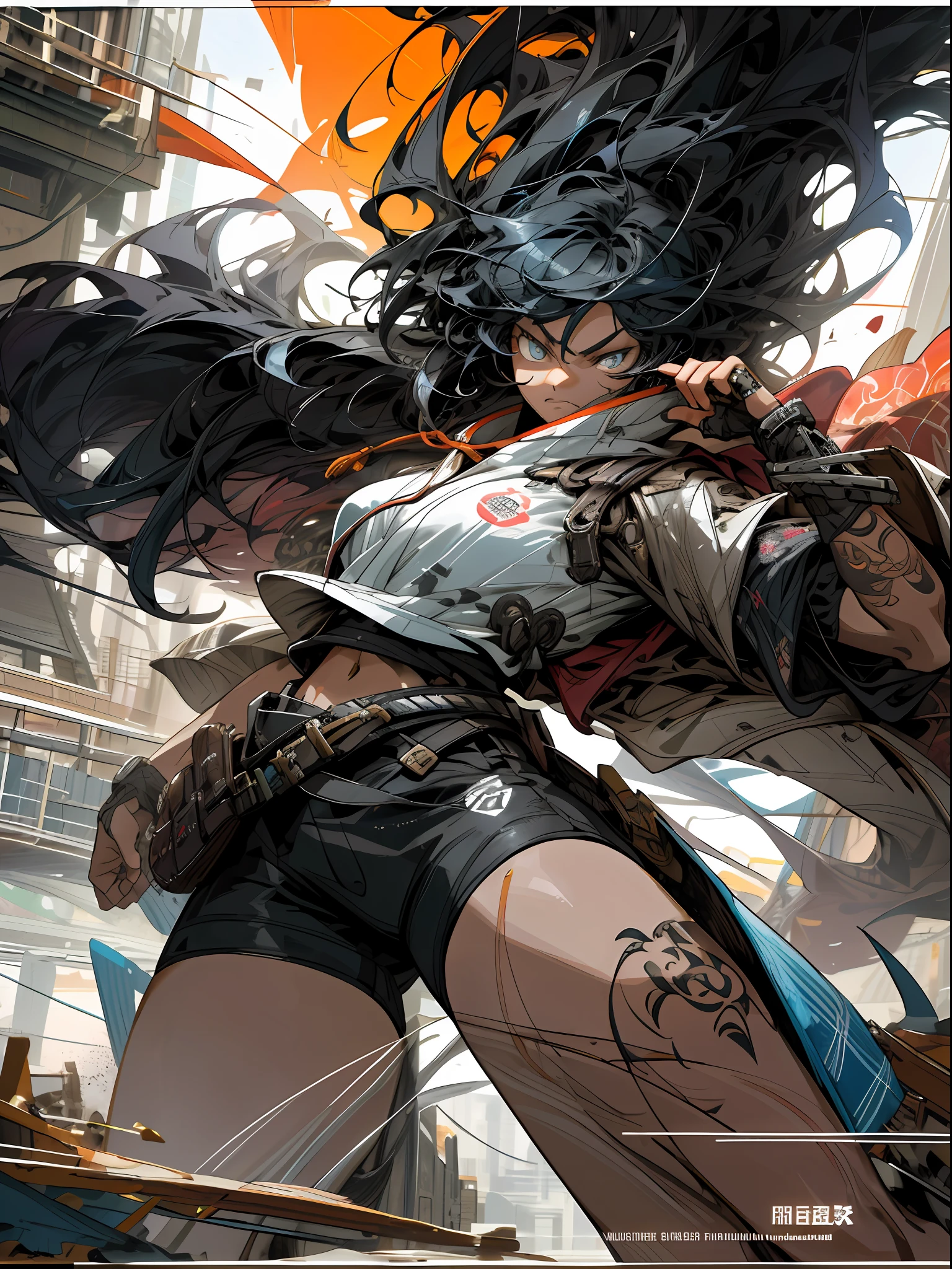 background, mixed-language_text, Japanese graffiti letters, a warrior nulher with long black hair cascading down her back. His eyes are a deep shade of amber, which shine with intensity when he is in battle. She possesses an athletic and slender appearance, with a confident and determined posture. Her skin has a light tan tone, evidencing her strength and endurance, photo, sticker art, freedom, soul, digital illustration, comic style, centered, approaching perfection, dynamic, highly detailed, watercolor painting, artstation, concept art, smooth, sharp focus, illustration, art by carne griffiths and ,alone anime, centered, approaching perfection, drawing style illustrator, anime style, body with futuristic tribal tattoo style designs in dragon shape,  serious face and ultra detailed artwork, graffiti style destroyed city scenery with camera focus,