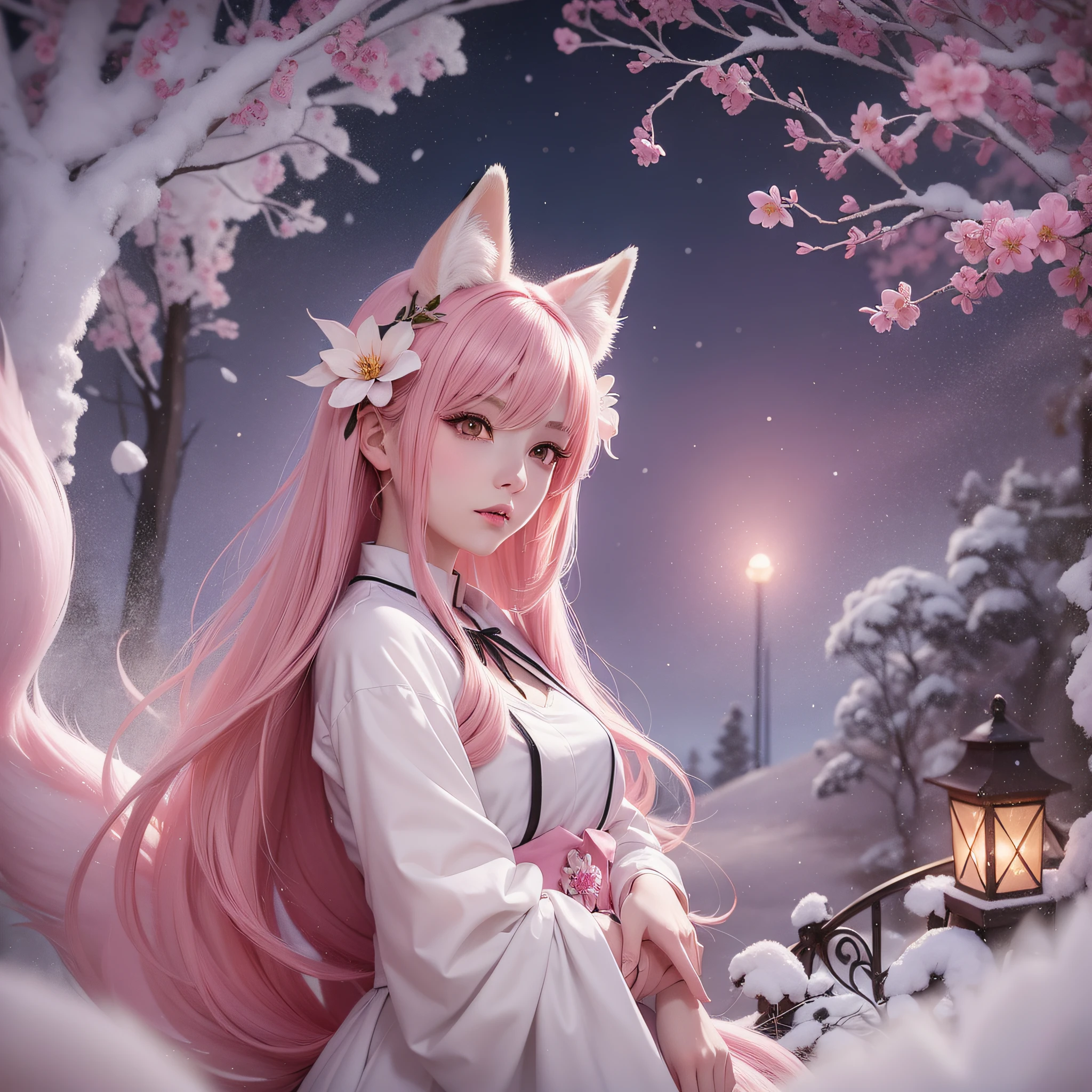 Nine snow-white fox tails (1.0), milky fox tail (1.0), fox close-up of nine tails, nine-tails, nine-tails, anime girl with pink hair and pink dress with flowers on her hair, very beautiful anime fox girl, beautiful anime fox girl, beautiful fantasy anime, guweiz, anime girl with fox ears, beautiful anime girl, very beautiful and cute fox girl, pink flower rain, background blur, anime style 4 K, anime fantasy artwork, 4k anime wallpaper, Artwork in the Guvez style
