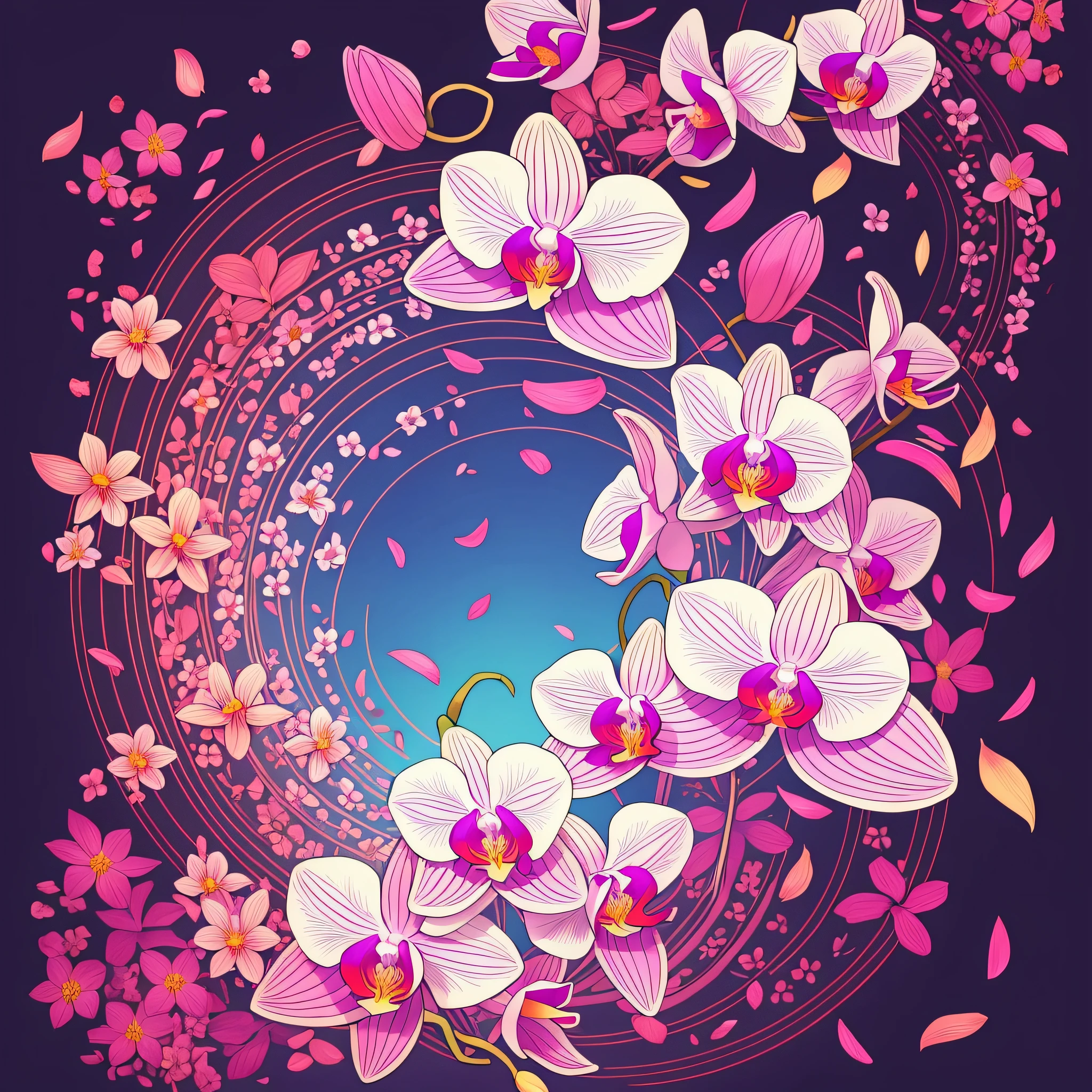 flowers, orchids, 2d, art, art, drawing, drawing, colorful background, flying petals, petals --auto --s2