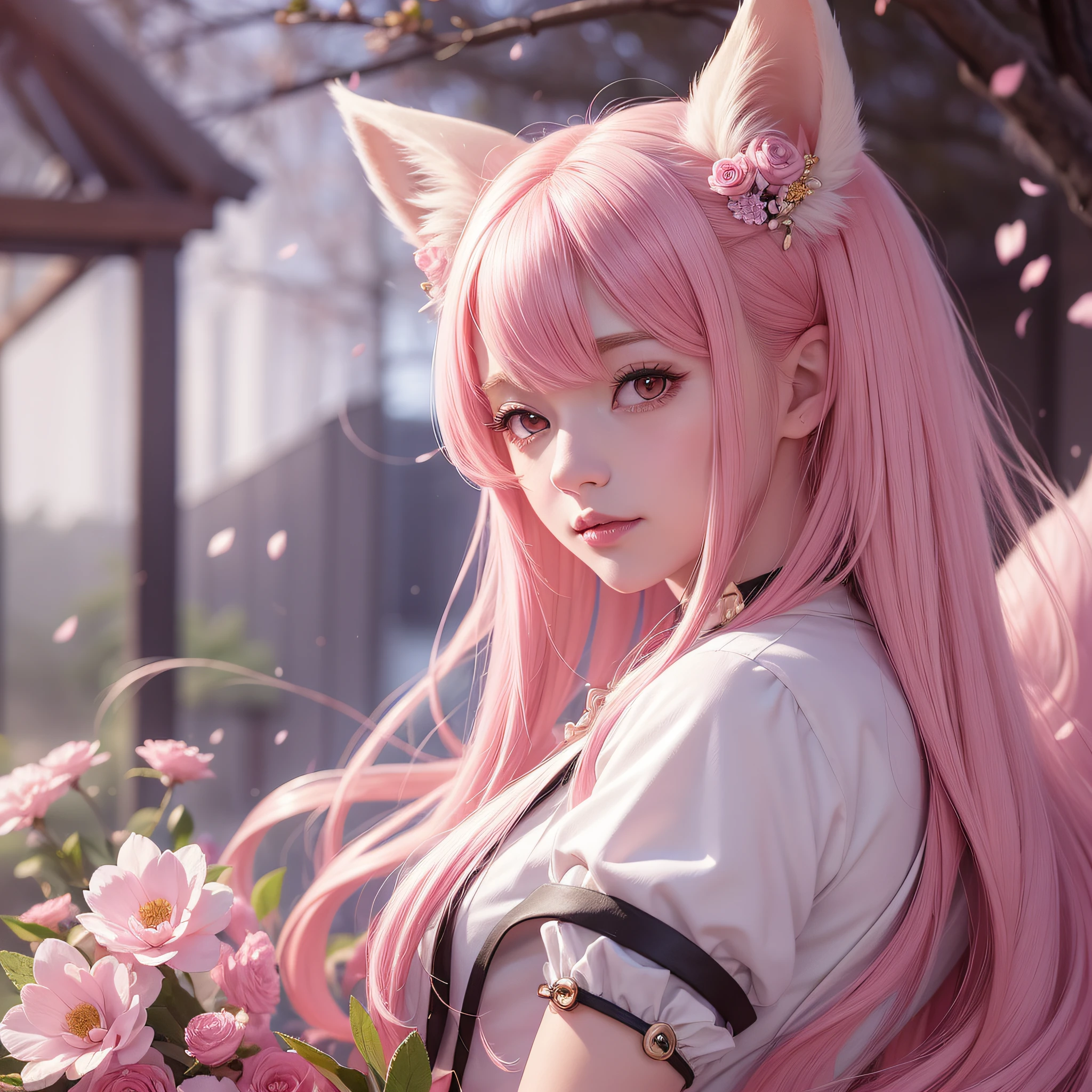 Nine snow-white fox tails (1.0), milky fox tail (1.0), fox close-up of nine tails, nine-tails, nine-tails, anime girl with pink hair and pink dress with flowers on her hair, very beautiful anime fox girl, beautiful anime fox girl, beautiful fantasy anime, guweiz, anime girl with fox ears, beautiful anime girl, very beautiful and cute fox girl, pink flower rain, background blur, anime style 4 K, anime fantasy artwork, 4k anime wallpaper, Artwork in the Guvez style