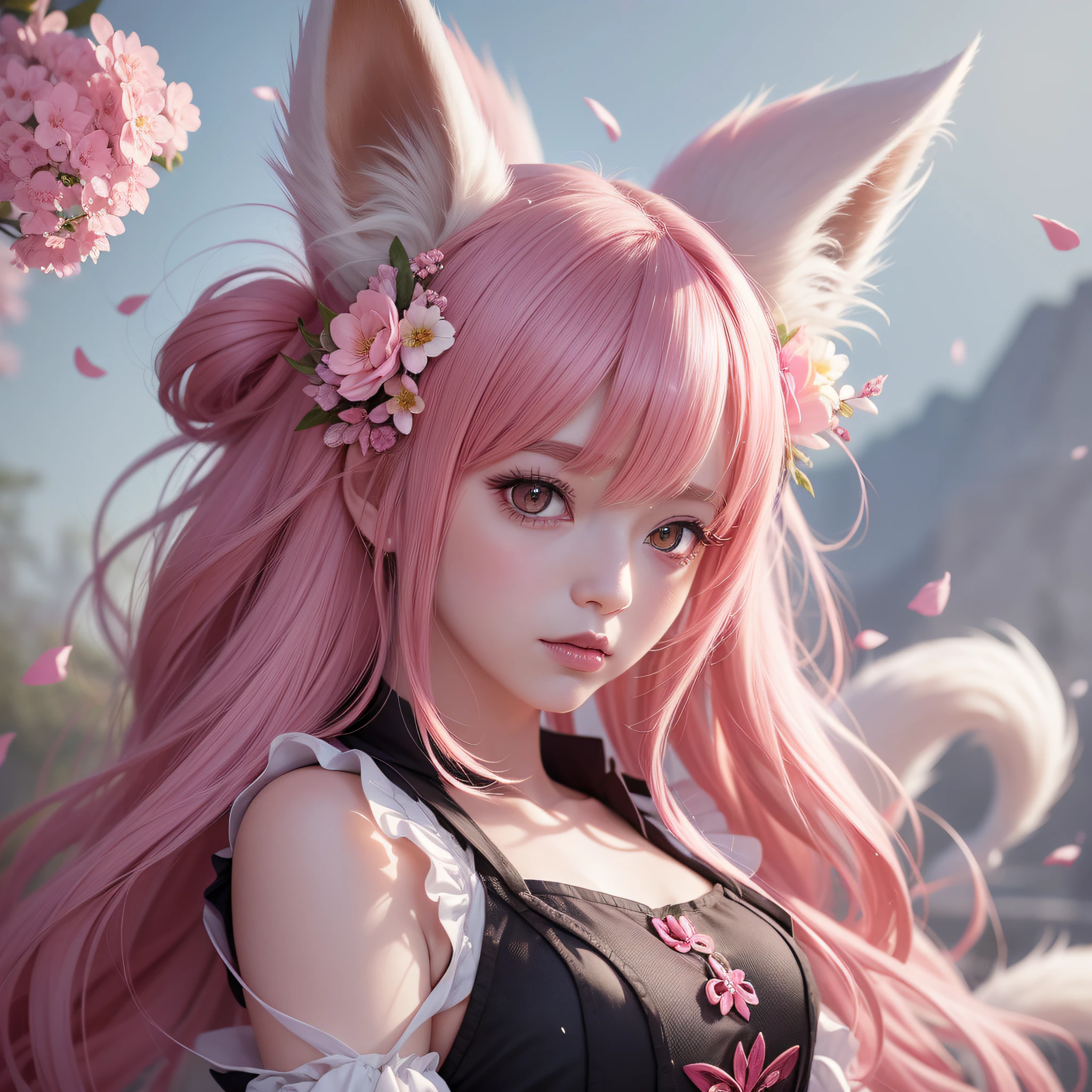 Nine snow-white fox tails (1.0), milky fox tail (1.0), fox close-up of nine tails, nine-tails, nine-tails, anime girl with pink hair and pink dress with flowers on her hair, very beautiful anime fox girl, beautiful anime fox girl, beautiful fantasy anime, guweiz, anime girl with fox ears, beautiful anime girl, very beautiful and cute fox girl, pink flower rain, background blur, anime style 4 K, anime fantasy artwork, 4k anime wallpaper, Artwork in the Guvez style