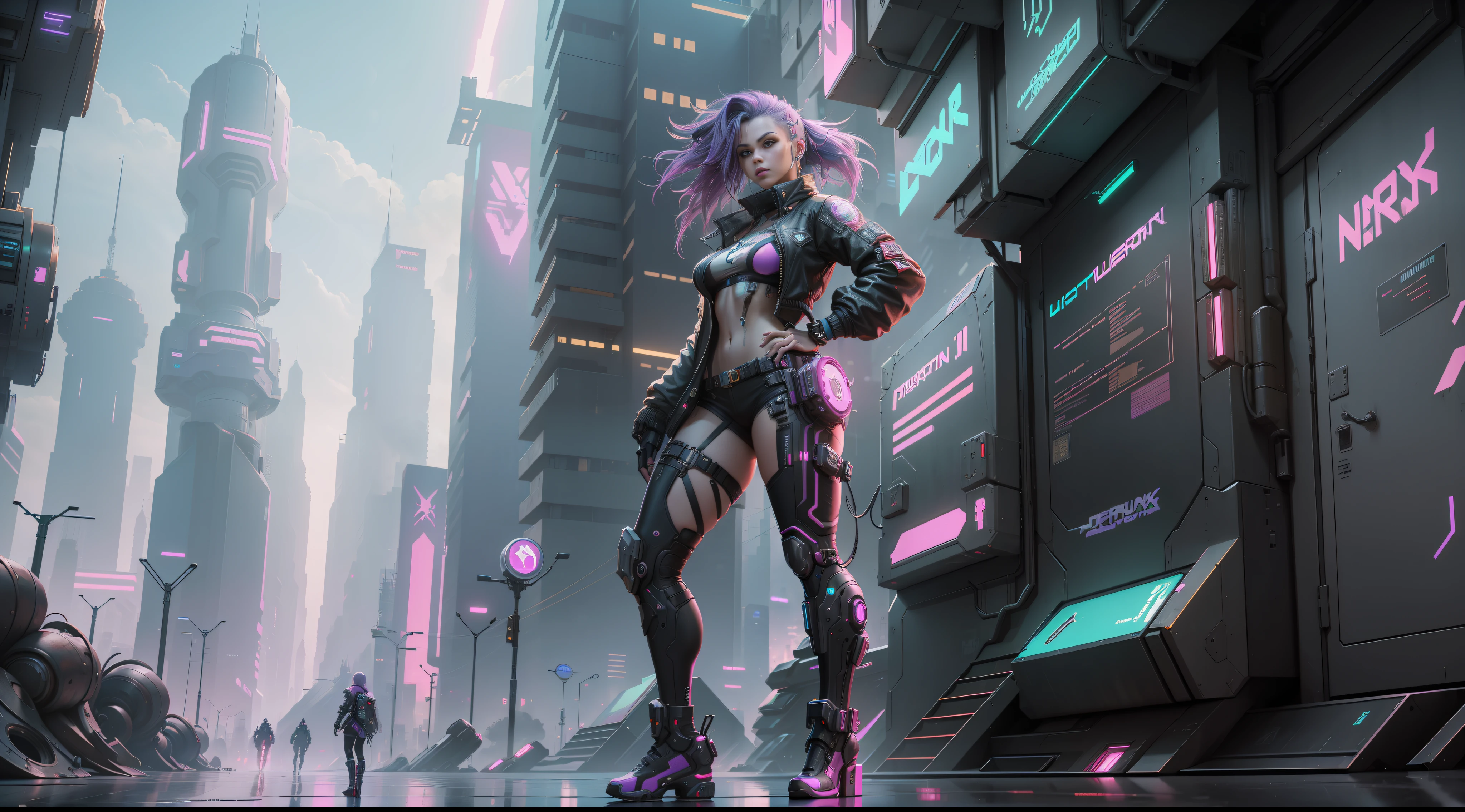 A cyberpunk mechanical style girl standing in front of futuristic city, cyberpunk atmosphere, cyberpunk atmosphere, deep into the metaverse where we go, there is cyberpunk style, cyberpunk theme, in cyberpunk 2077, cyberpunk futuristic, cyberpunk futuristic, synthwave, futuristic cyberpunk, cyberpunk technology, retro cyberpunk, synthwave style