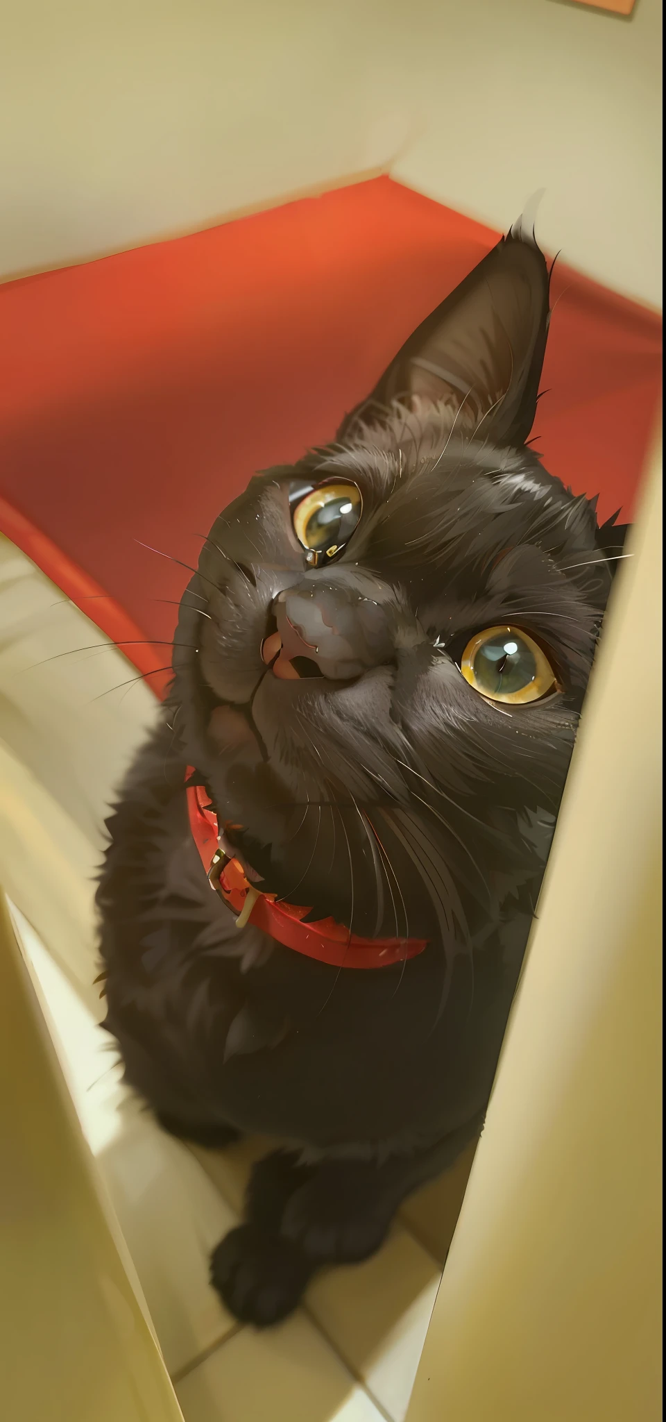 There is a black cat with a red collar looking up, black cat taking a selfie, happy cat, smiling cat, a cat is smiling, smileeeeeee, the cat is smiling, big eyes and menacing smile, vampire cat, portrait of ((naughty)), naughty portrait, cute silly face, with a happy expression, looking at the camera, studio ghibli style