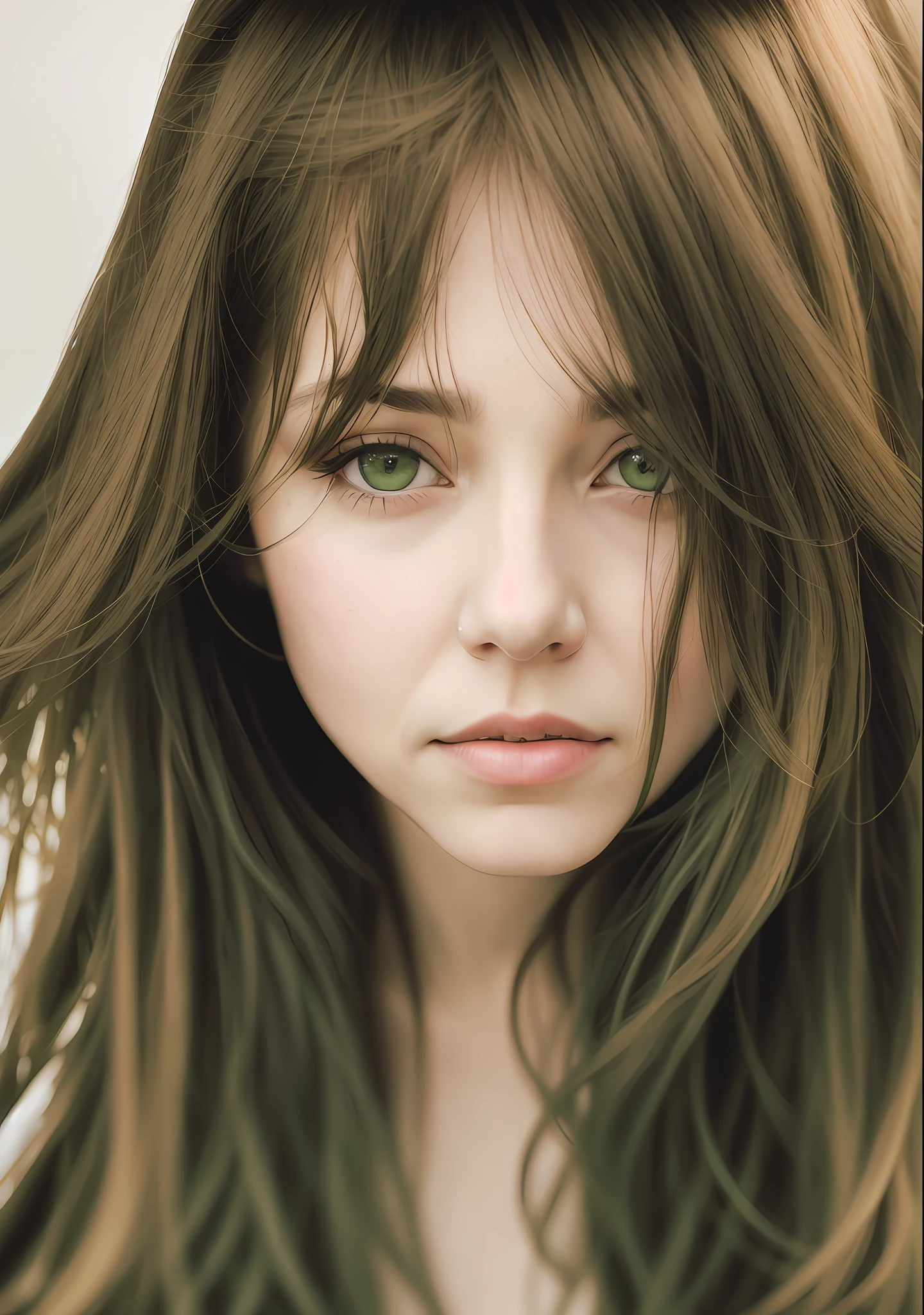 beautiful old woman ,bangs, yellow long hair, beautiful green eyes, looking up, wet skin, wet face, best quality