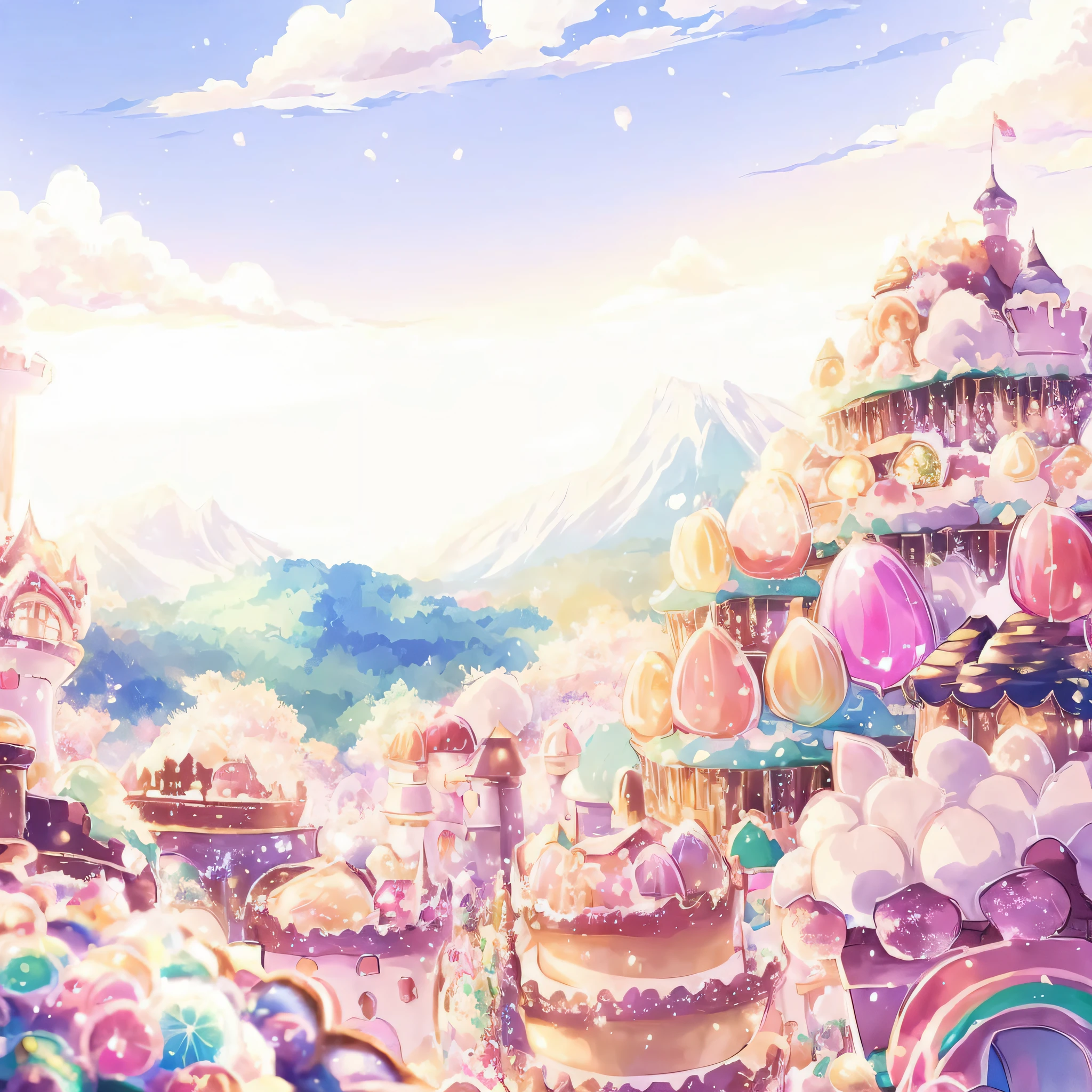 anime - style illustration of a fairy land with a castle and a castle, colorful anime movie background, anime background art, anime background, background art, background artwork, candy forest, anime scenery concept art, anime movie background, sweets, beautiful anime scenery, mountains of ice cream, anime scenery, amazing background, dreamy psychedelic anime, magnificent background, anime landscape wallpaper