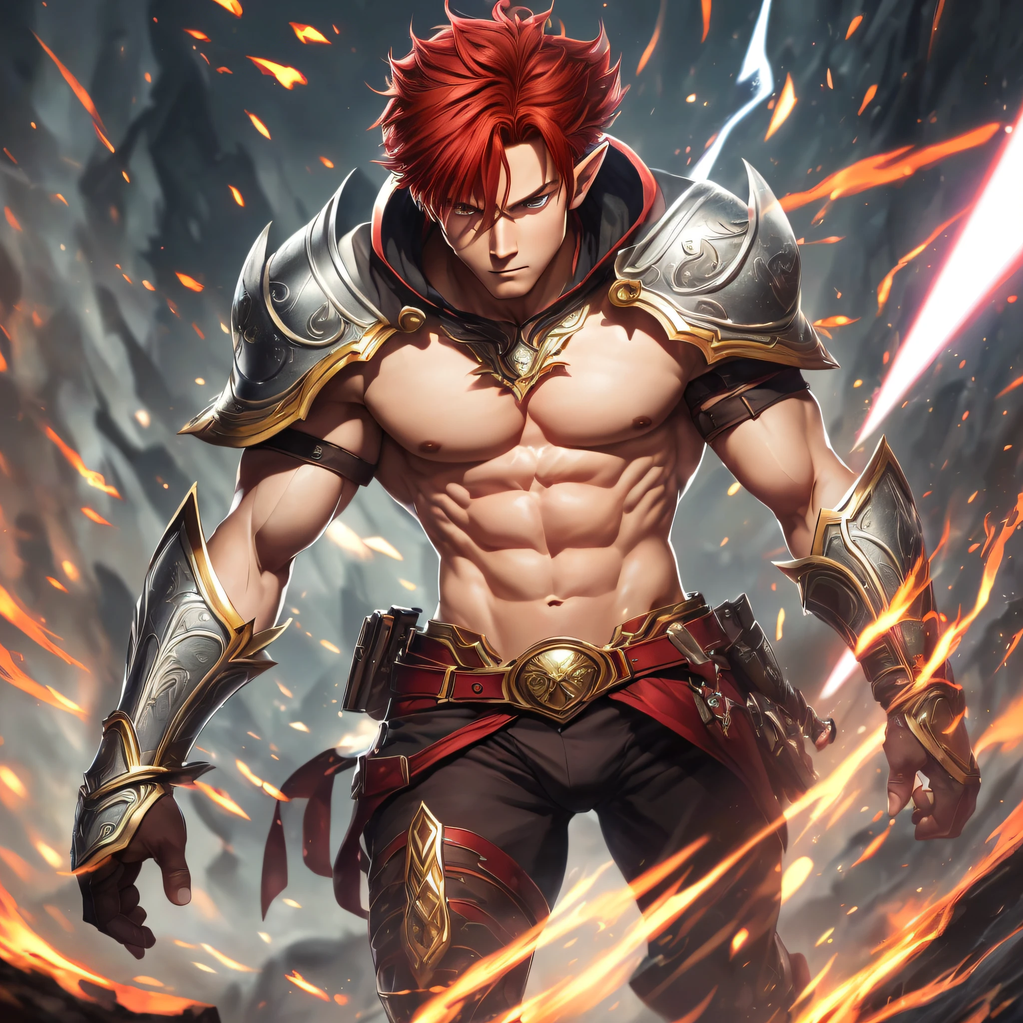 (extremely detailed CG unit 8k wallpaper: 1.5), <(masterpiece: 1.5), (best quality: 1.7), high resolution illustration, ( detailed face: 1.3), (detail: 1.3, best quality, (ultra-detailed), (an extremely delicate and beautiful man), (illustration), (painting),(masterpiece: 1.5), cinematic light, dynamic angle, floating, sharp focus, (2d: 1.7), (best quality: 1.3), (illustration: 1.1),(red hair: 1.2), (cinematic light: 1.1), elf man, full body, shirtless, male, sexy pose, manhwa atyle --auto --s2