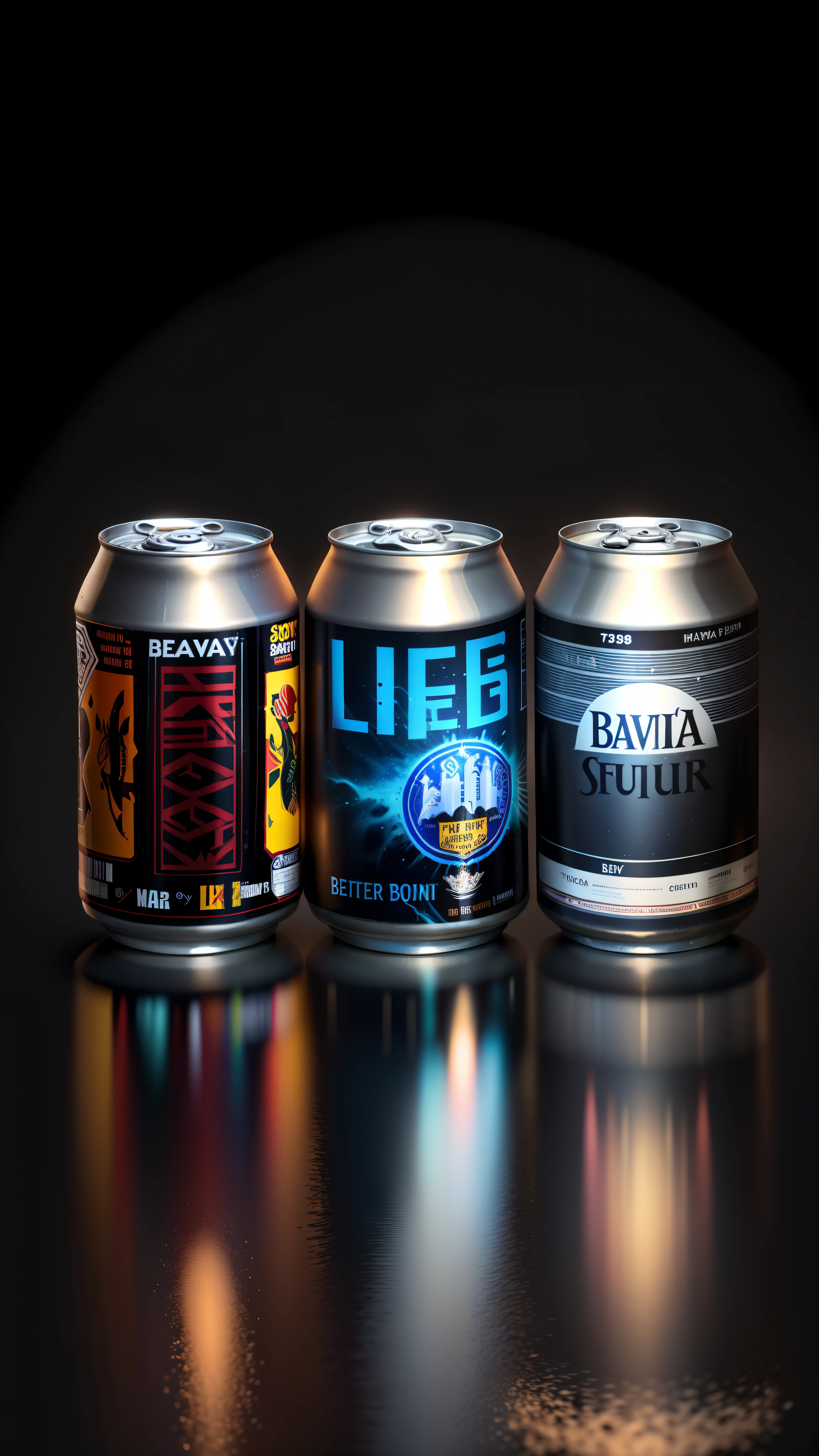 three cans of beer are lined up on a black background, cans, beer, 6 pack, by Tuvia Beeri, hyperdetailed, soda cans, by david rubín, packaging design, cinematic beer, inspired by Tuvia Beeri, by Ben Zoeller, label design, by Elias Ravanetti, hawaii, detailed image, by Harriet Zeitlin