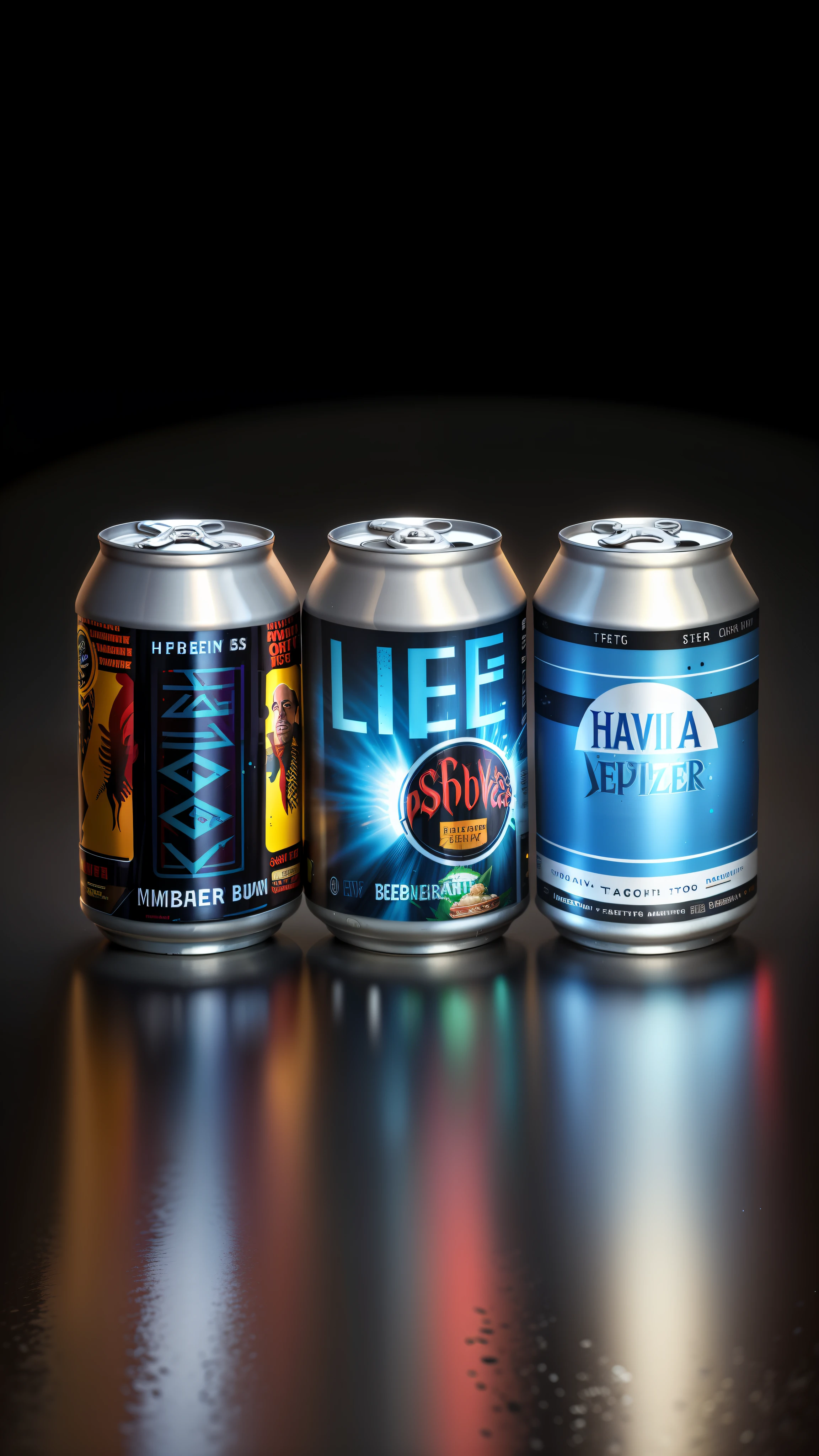 three cans of beer are lined up on a black background, cans, beer, 6 pack, by Tuvia Beeri, hyperdetailed, soda cans, by david rubín, packaging design, cinematic beer, inspired by Tuvia Beeri, by Ben Zoeller, label design, by Elias Ravanetti, hawaii, detailed image, by Harriet Zeitlin