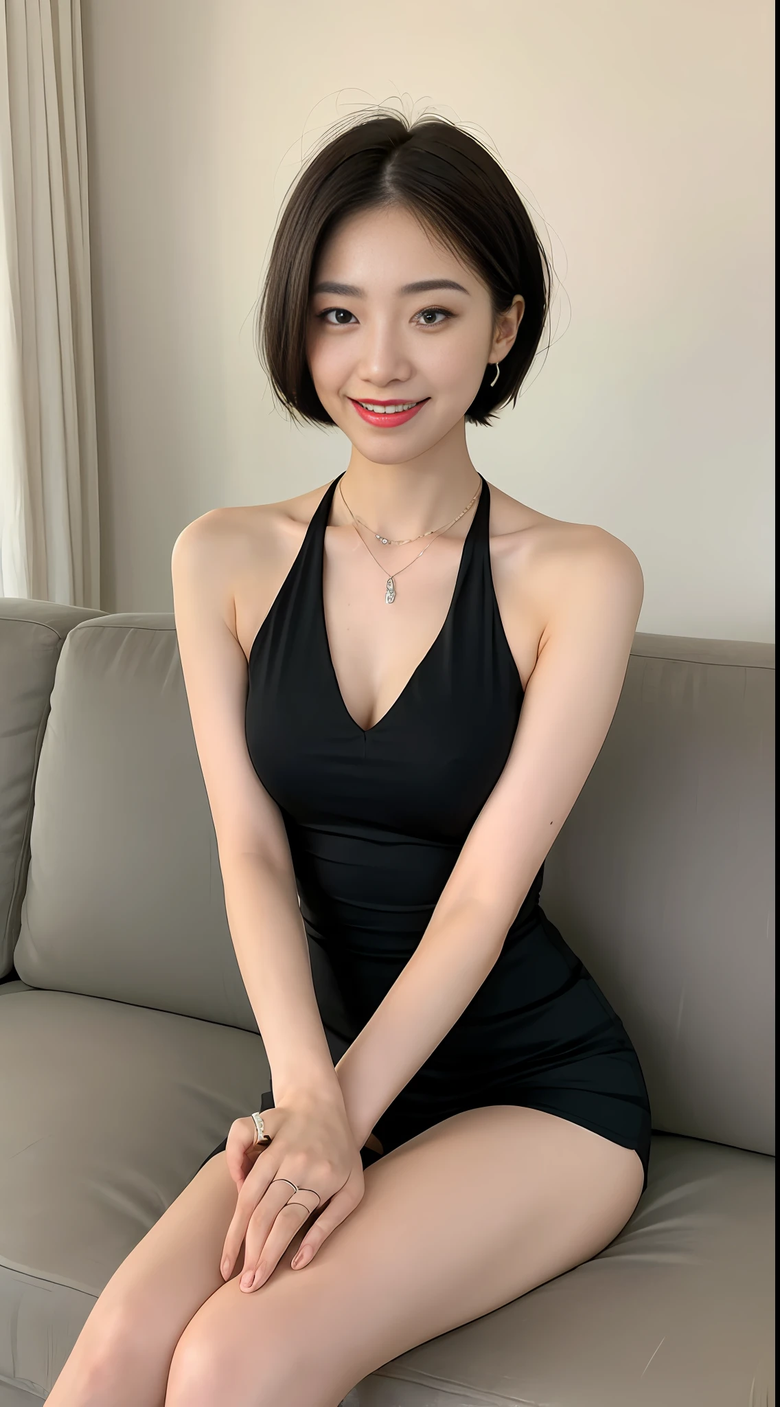 ((Best Quality, 8k, Masterpiece:1.3)), Focus: 1.2, Perfect Body Beauty: 1.4, Buttocks: 1.2, ((Delicate Short Hair)), (Tight Black Dress: 1.1), (Sports car, street: 1.2), A beautiful Korean girl with highly detailed face and skin texture, delicate eyes, double eyelids, whitened skin, smile, wearing necklace, ring, sitting on sofa in the background is a room with an off-white subject, photographing upper body , eye-level shooting, Canon