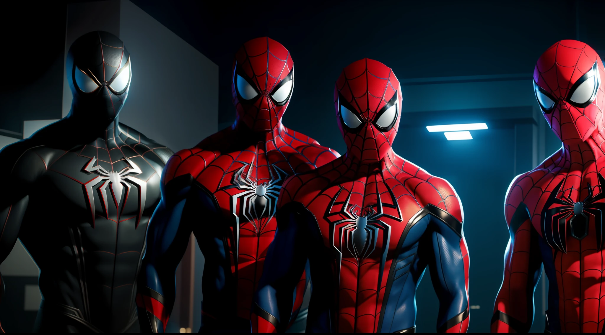 spider man bodybuilder - spider - man and spider - man in a dark room, spider - verse art style, into the spiderverse, spiderverse, into the spider verse, futuristic style spiderman, miles morales!!!, 3840 x 2160, 3840x2160, miles morales, hq 4k wallpaper, rendered in sfm, super detailed render