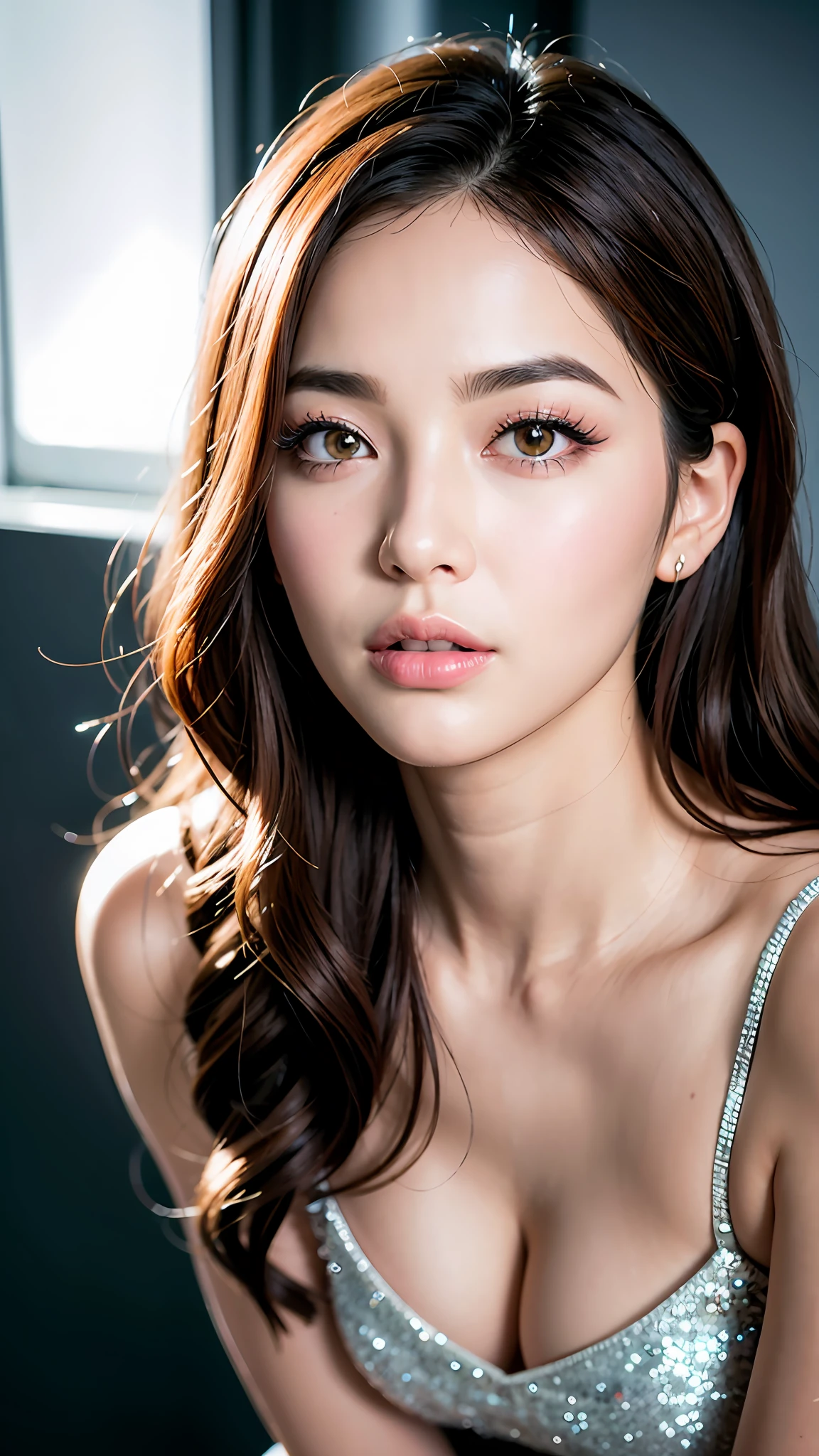 (8K, HDR, highres), ((((Photography, RAW photo, hyperrealism, masterpiece, best quality, ultra highres)))), (pin light, back light, backlighting, cinematic light), sharp focus:1. 4, (hyper detail, finely detailed), face close-up, close-up,
1girl, Oval-shaped face,
Large and pretty cat-like eyes with thick eyelashes,
Pointy nose,
Small and pretty but plump lips,
Thick eyebrows,
Long and pretty eyelashes,
Transparent makeup with a touch of pink blush and sparkling lip gloss,
Long wavy hairstyle,