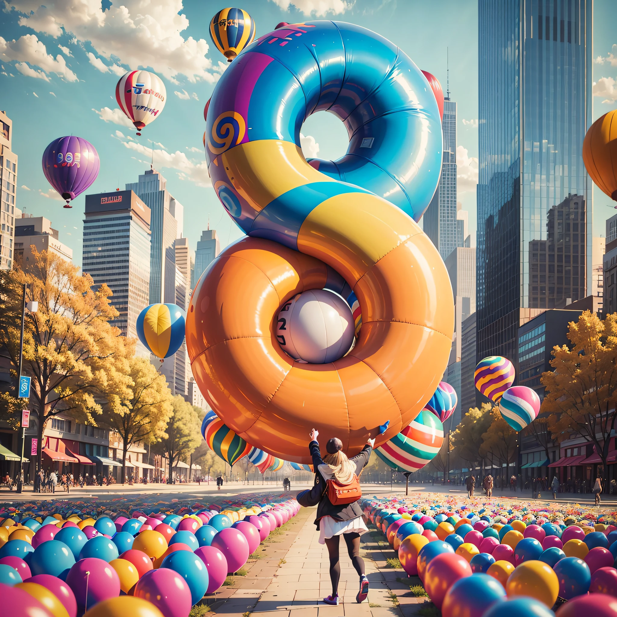 (Poster, 8th anniversary, 9:16 scale, three-dimensional number "8": 1.2, colorful, detailed), time, fleeting, 1 person ecstatic, standing on the streets of the city, bright sunshine, lively crowds, cheers, tall buildings in the distance, trees lining the street, colorful balloons dancing gently in the flowing wind ((poster)), ((artwork: 1.1)) --auto --s2