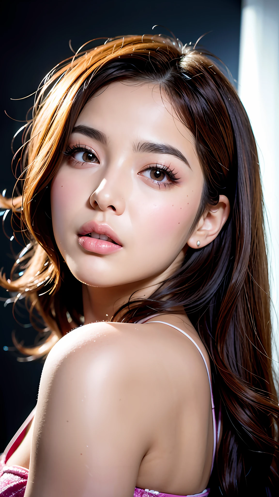 (8K, HDR, highres), ((((Photography, RAW photo, hyperrealism, masterpiece, best quality, ultra highres)))), (pin light, back light, backlighting, cinematic light), sharp focus:1. 4, (hyper detail, finely detailed), face close-up, close-up,
1girl, Oval-shaped face,
Large and pretty cat-like eyes with thick eyelashes,
Pointy nose,
Small and pretty but plump lips,
Thick eyebrows,
Long and pretty eyelashes,
Transparent makeup with a touch of pink blush and sparkling lip gloss,
Long wavy hairstyle,