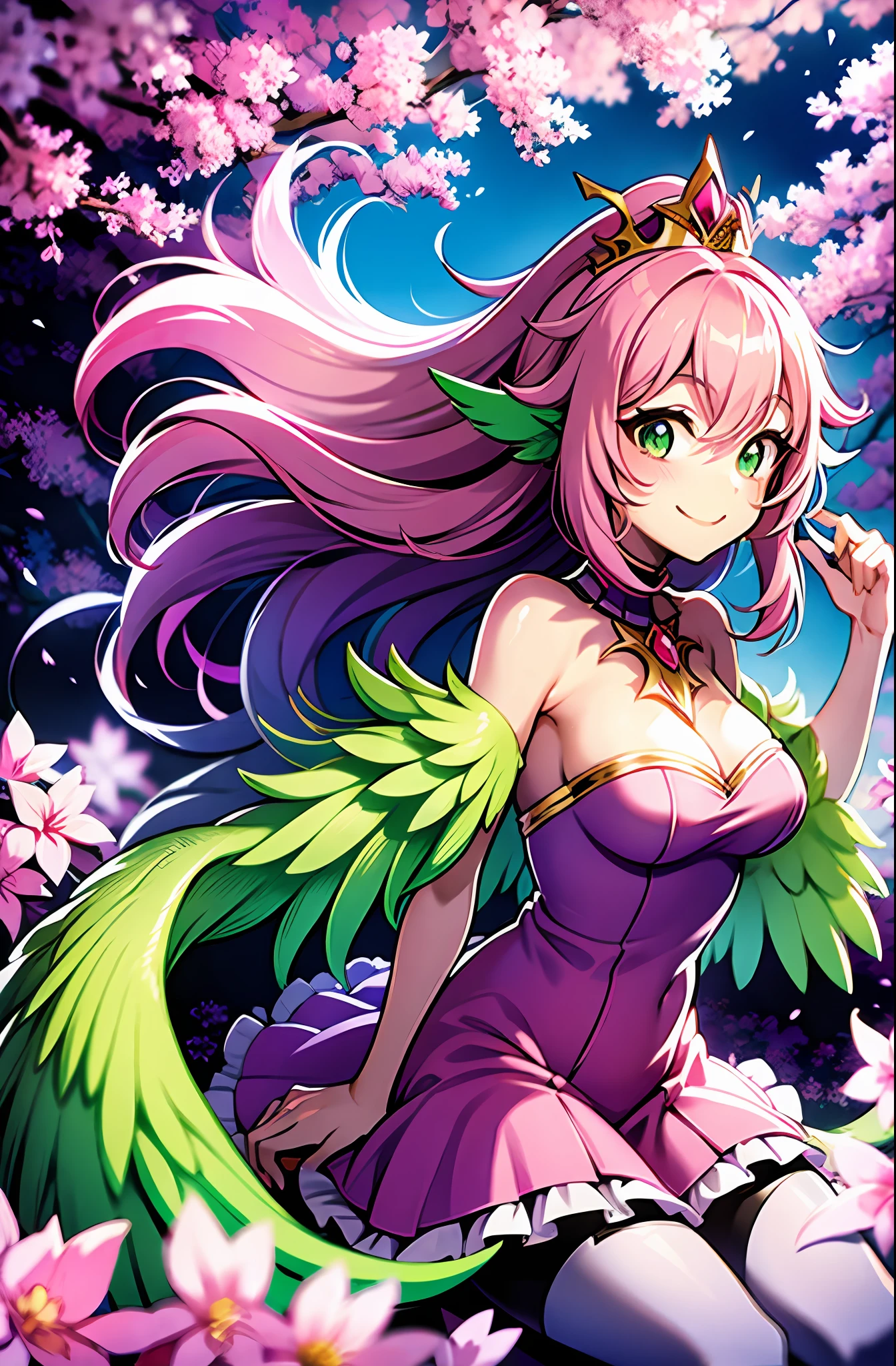 Anime harpy girl with big pink wings instead of hands, long lilac hair, big green eyes, pink hair, pink tuft, golden tiara on her head, green dress, legs covered with pink fur, smiling, cute, joyful look, beautiful, against the background of a tree house, beautiful colors, saturated colors, beautiful shader rear light, 4k, 3d