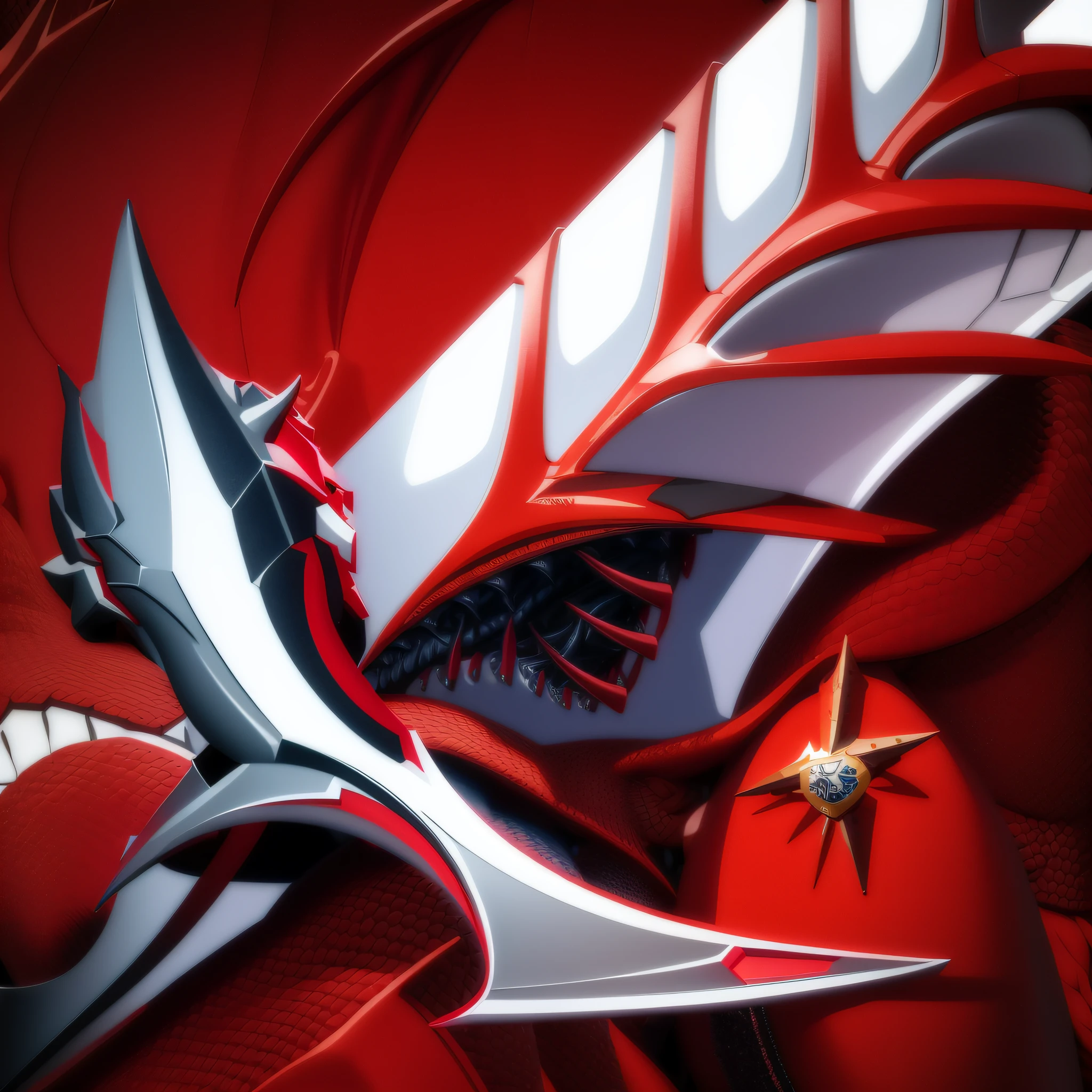 3D style picture of red and white dragon with sword, high detail official artwork, armor, dragon, schoolgirl