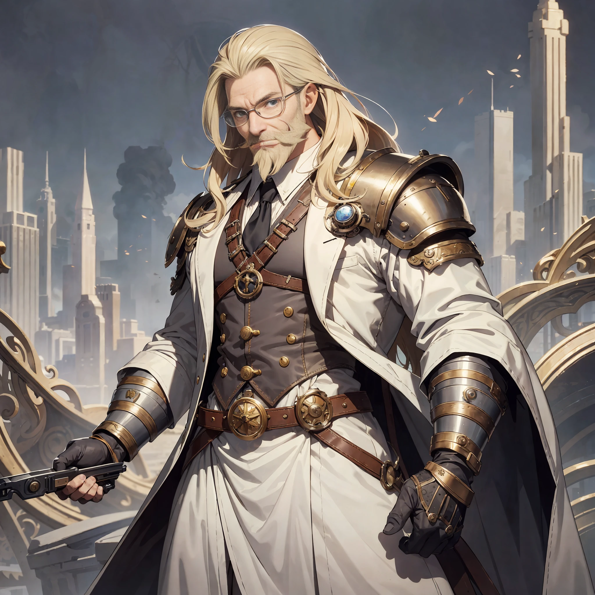 Courageous man, smiling, long blond hair, handlebar mustache and beard, muscular build, wearing a white steampunk lab coat armor suit, has a pair of goggles on his forehead, holding a gunblade handle in his right hand, full body rendition, highly detailed, character art, DnD style, fantasy workshop background --auto --s2