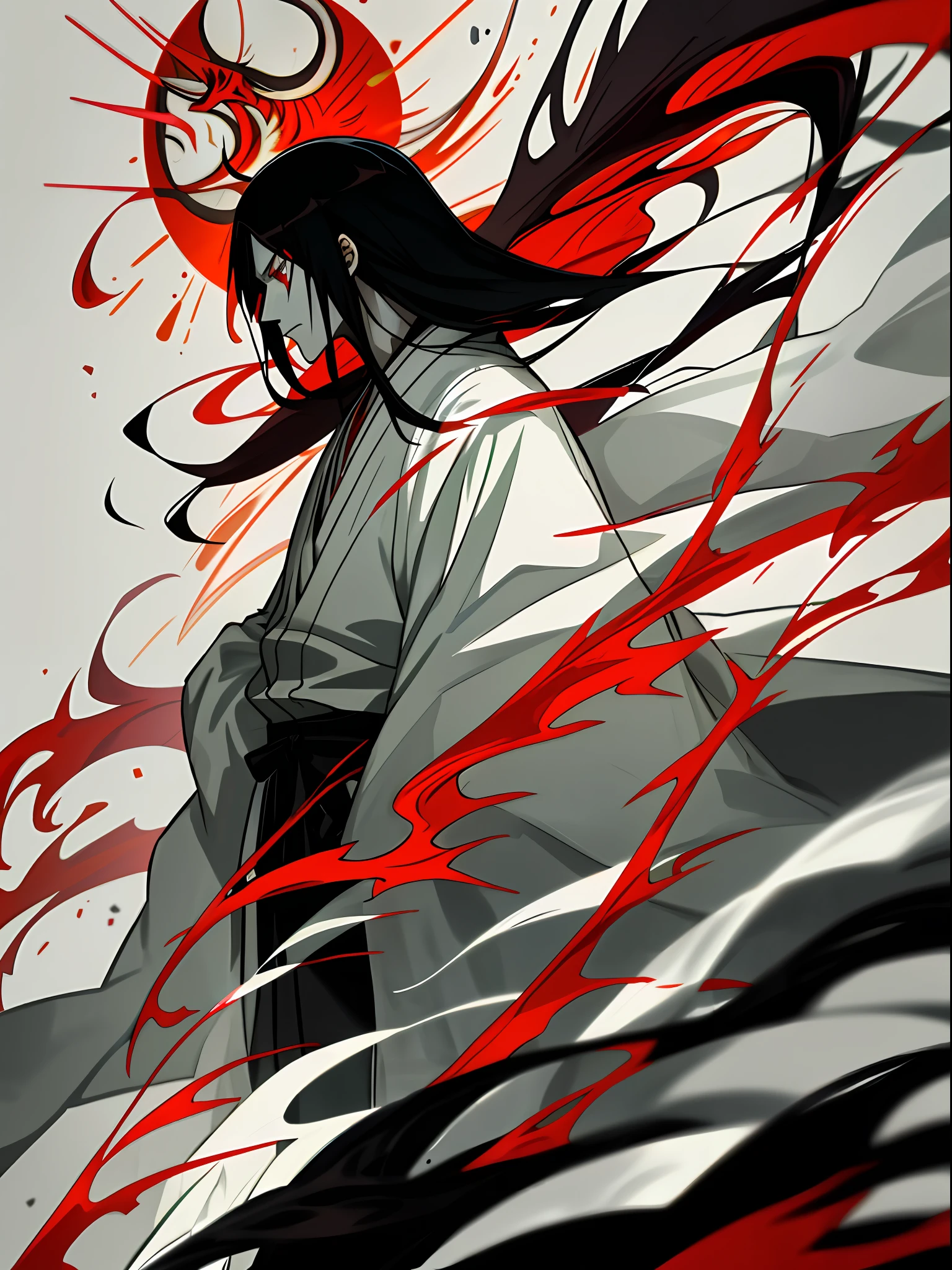 Young character ichigo, bankai, captain, with long straight black hair with red eyes, white skin, thin body dressed in a shinigami robe, in a bloody and dark landscape