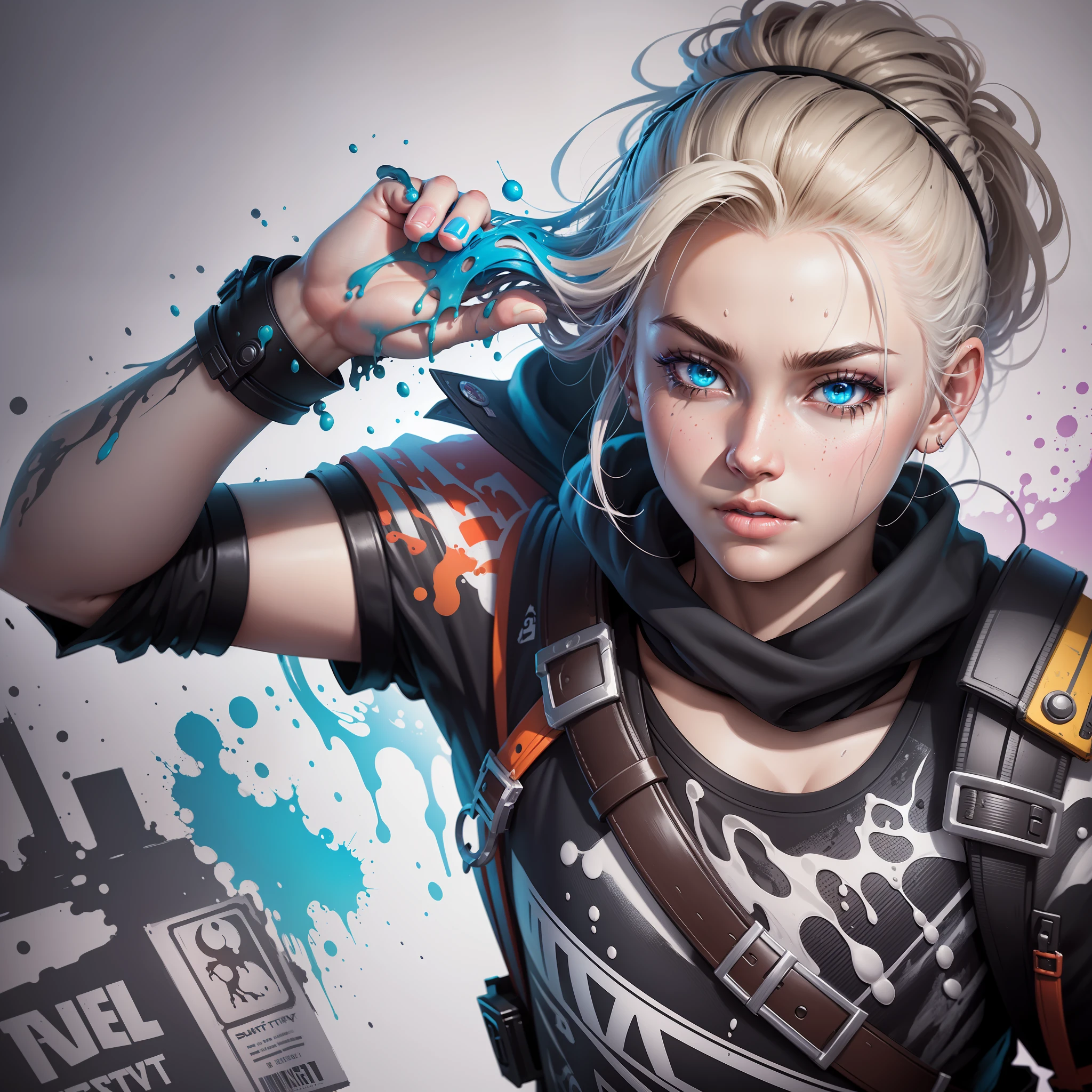 Splash art, Fortnite style playing video game,  realistic portrait poster, (white background)), colorful ink splash style, outline, intricately detailed hyperdetailed, unreal engine, fantastic, intricate detail, splash screen, complementary colors, fantasy concept art , 8k resolution, deviantart masterpiece, oil painting, heavy brush strokes, paint drips, splash arts --auto --s2