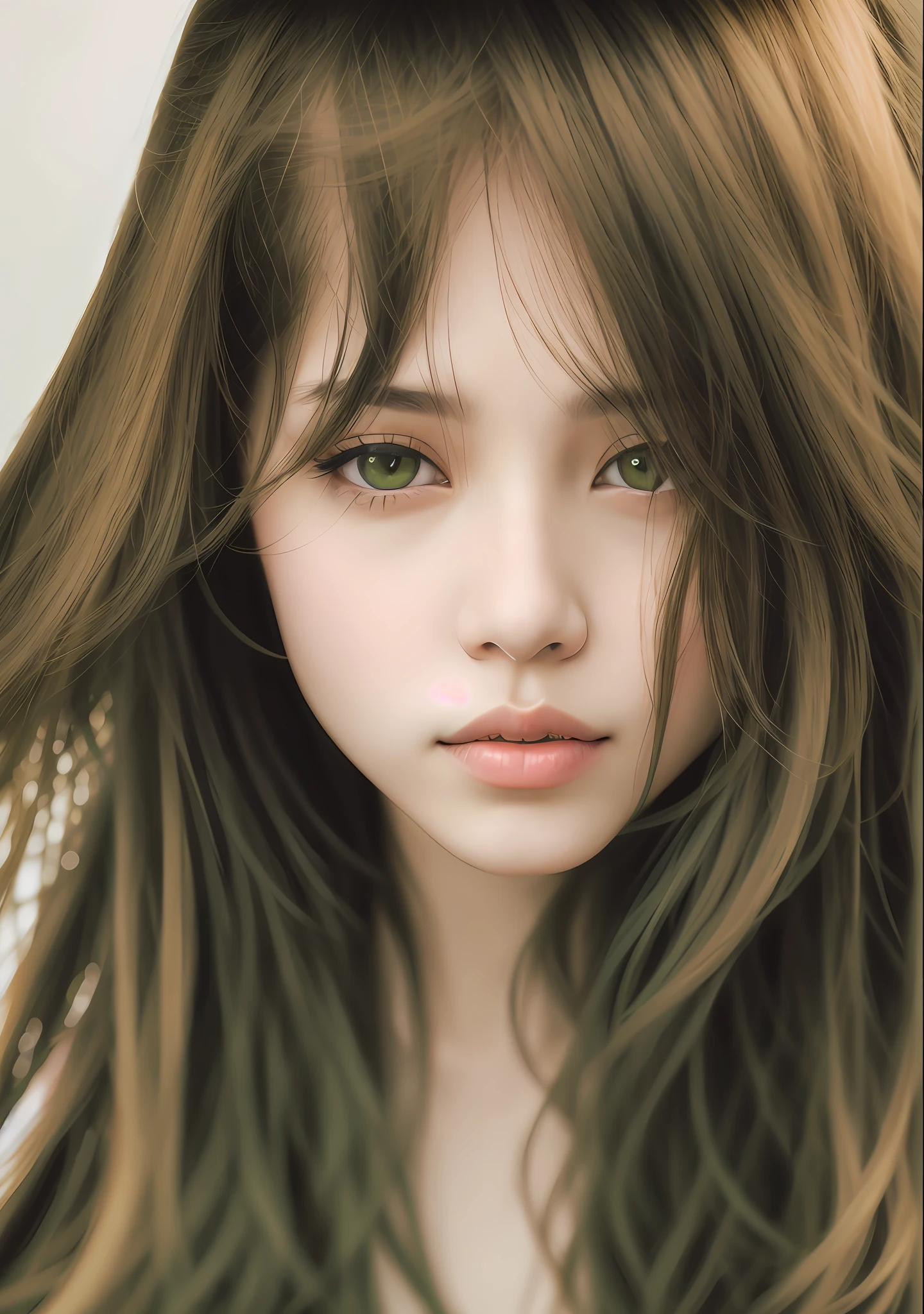 beautiful Thai woman ,bangs, yellow long hair, beautiful green eyes, looking up, wet skin, wet face, best quality