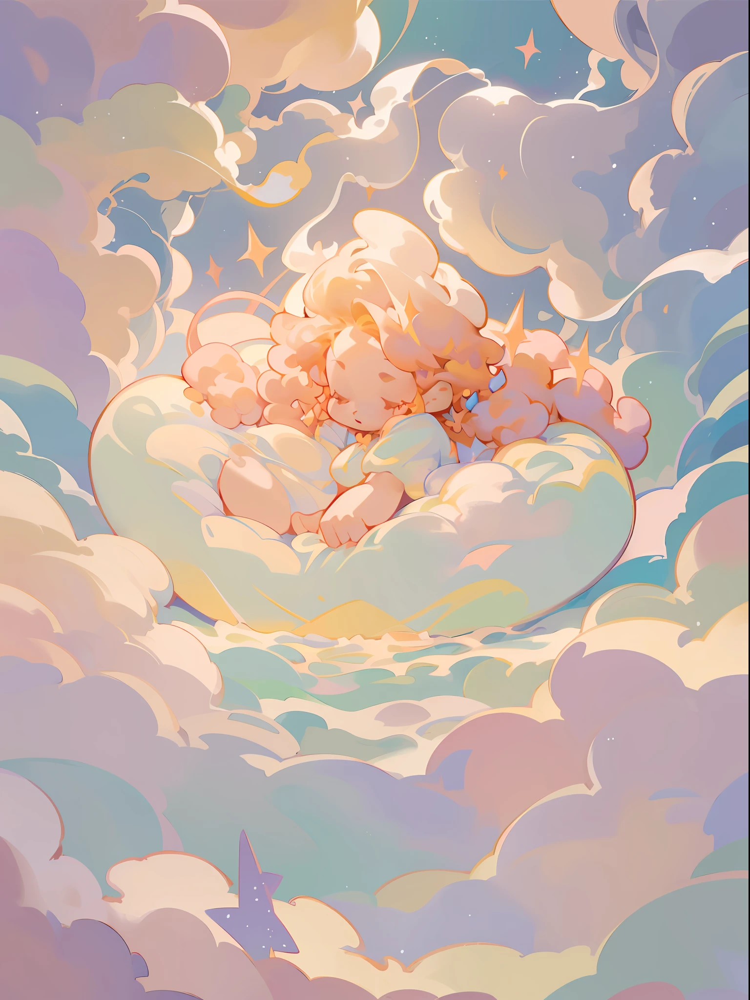 Angel baby lying in clouds, cute, warm, sunlight shining on him, in dark background, dynamic magic light golden flowing clouds, a, beautiful starry sky thick acrylic paint, soft lighting, bright, morning light, dreamy shadow, diorama style, illustration, fantasy style, pastel color, medieval, fantasy float, tyndall effect, 8K