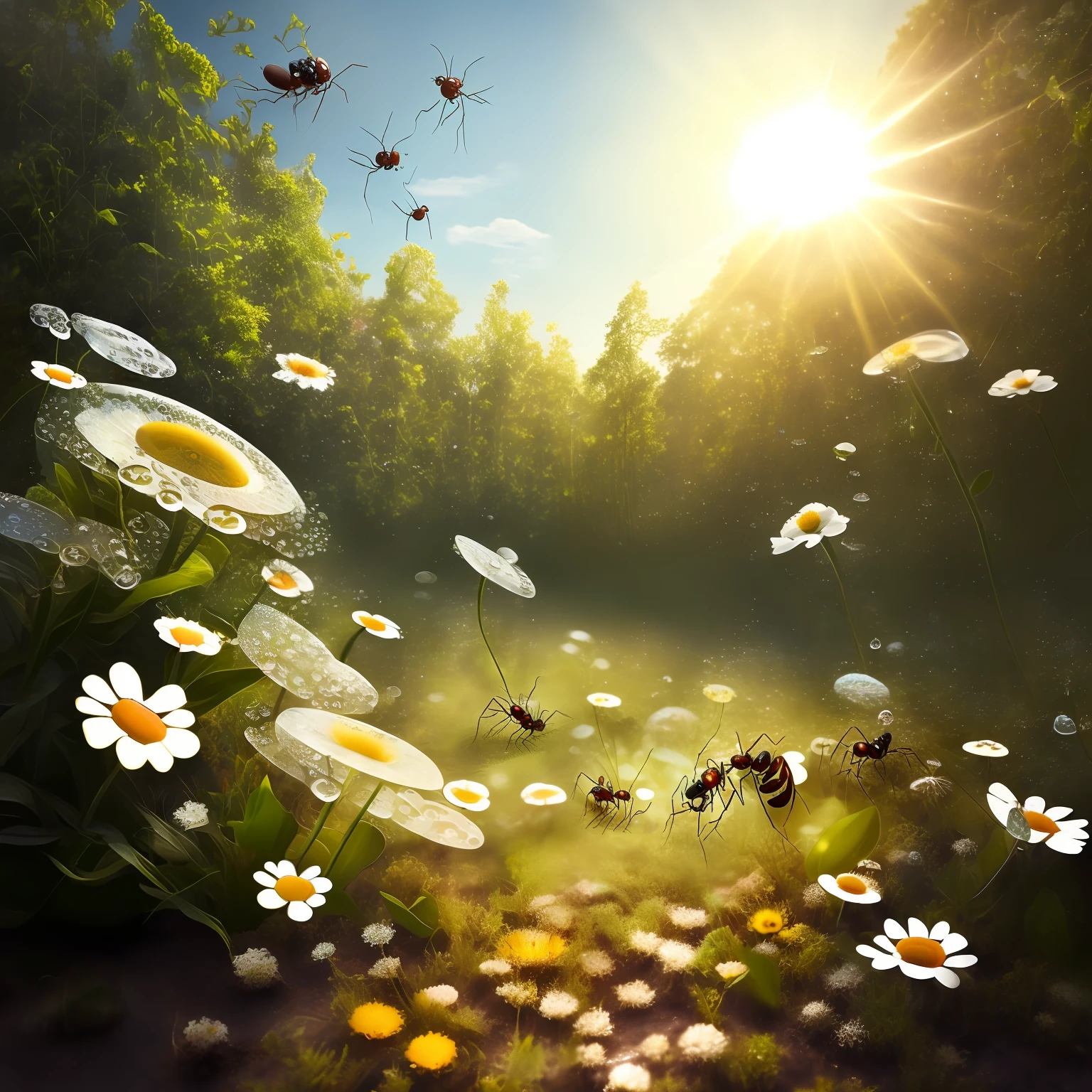 Ants, forests, trees, sun, dewdrops, dirt, flowers