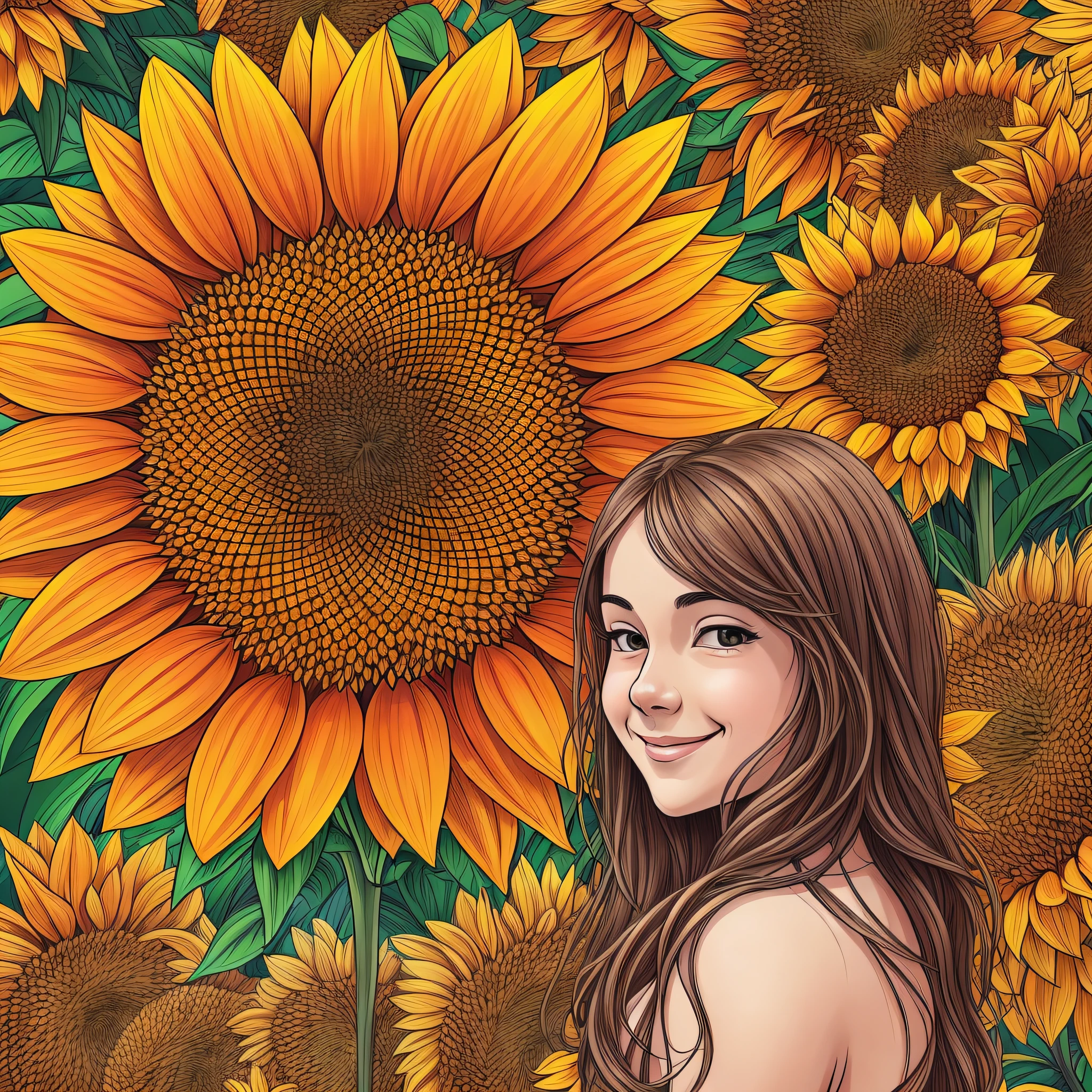 flowers, sunflower, sunflower, 2d, art, art, drawing, drawing, colorful background, flying petals, petals, 1girl, orange sky, happy, happy, smiling, exotic --auto --s2