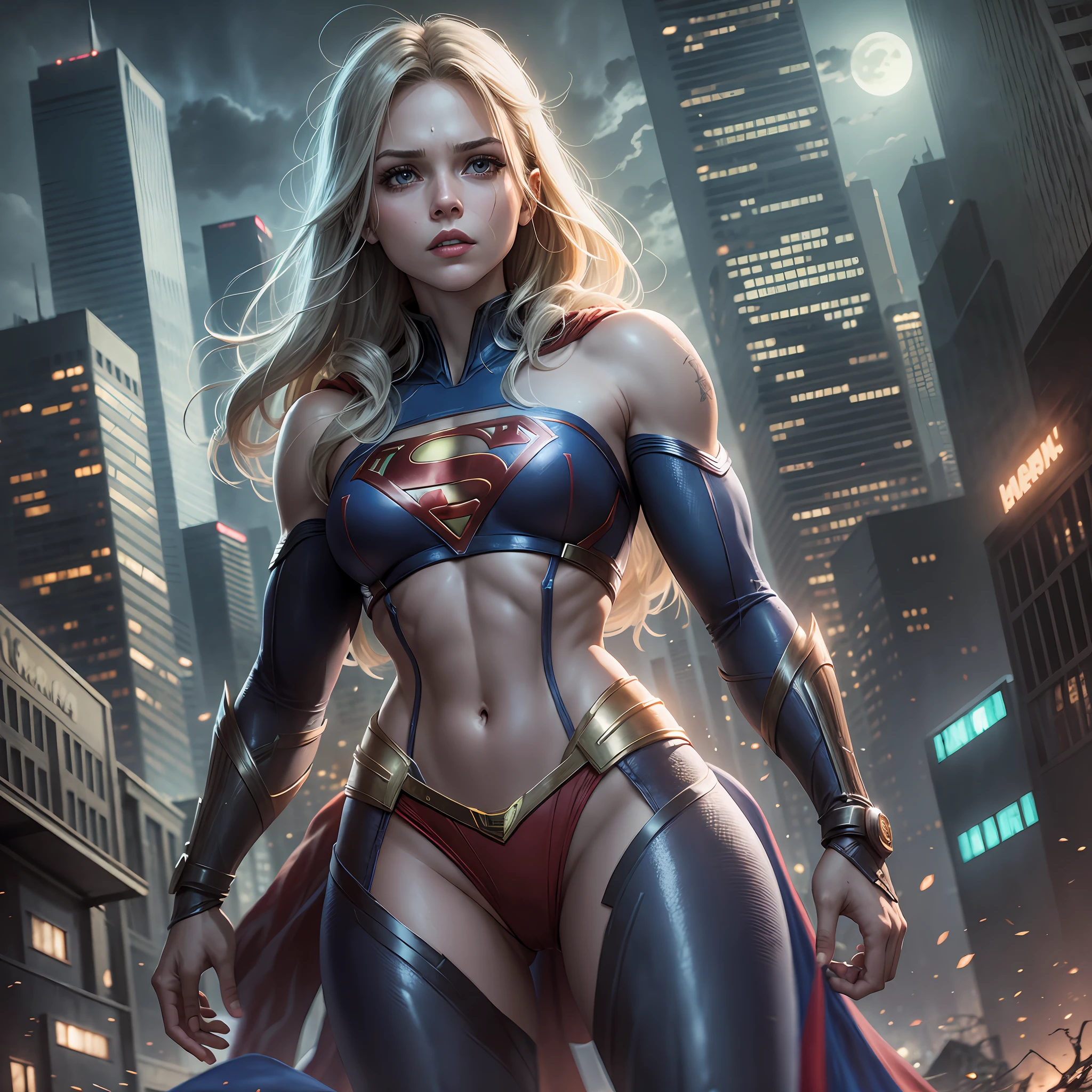 Supergirl is towering in a lost, haunted, abandoned city. Moonlight, highlights your muscles and scars. The scenery is lush and mysterious, with dark city and surroundings. The camera details everything --auto --s2